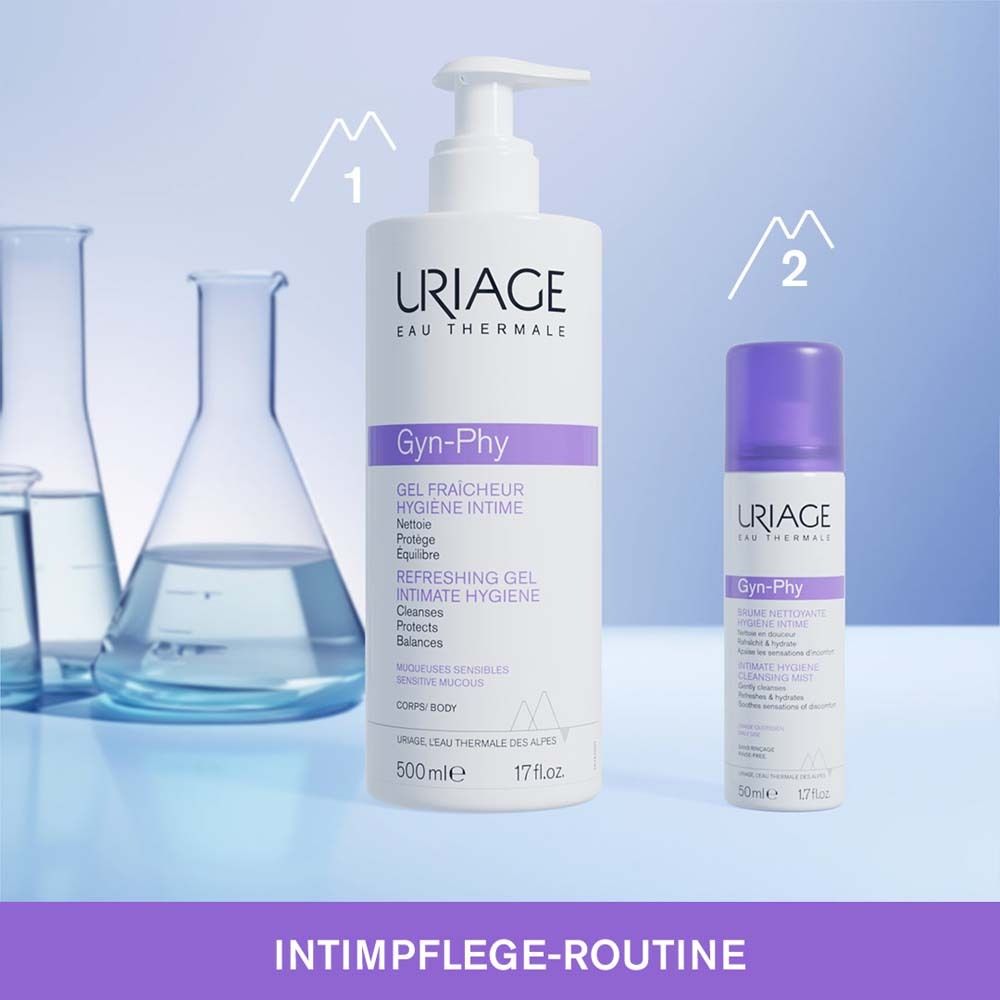 Zwei Flaschen. URIAGE GYN-PHY, erfrischendes Gel und Spray. Intimpflege-Routine.
