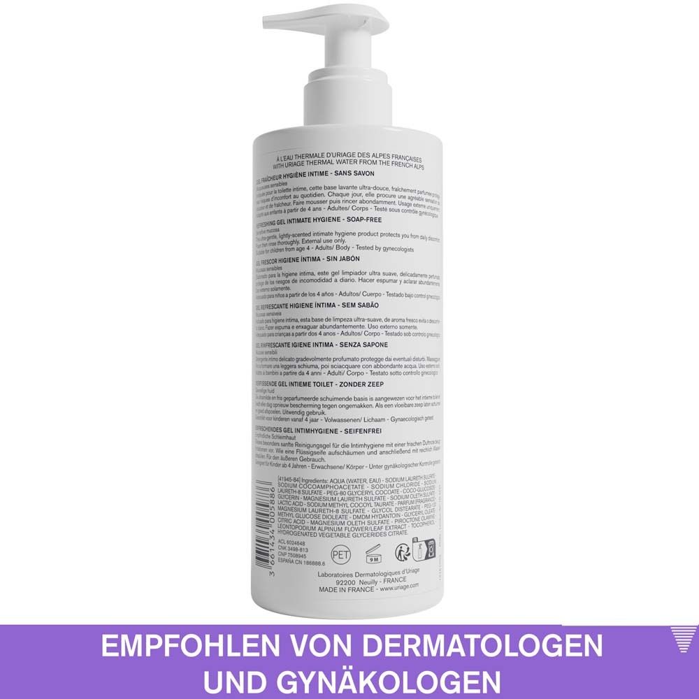 Rückseite der Flasche. Text: Empfohlen von Dermatologen und Gynäkologen. Inhaltsstoffe und Anwendungshinweise.