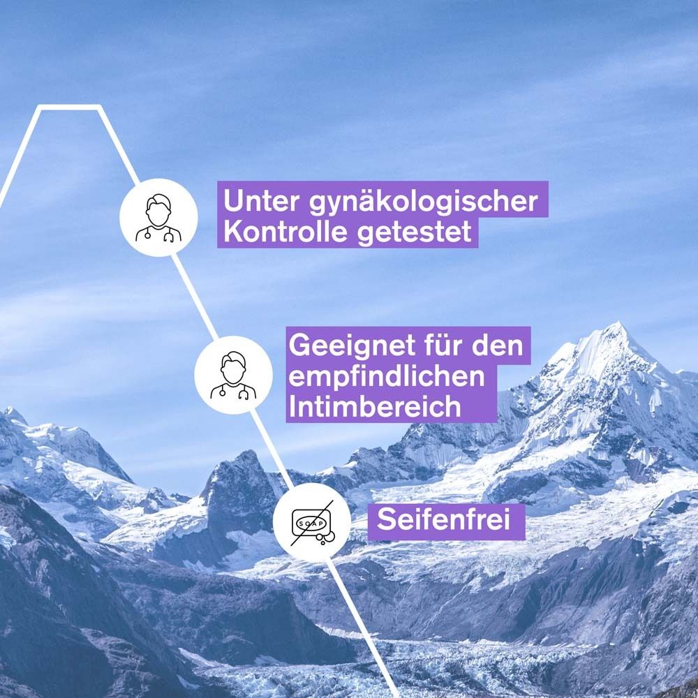Text vor Berglandschaft. Text: Unter gynäkologischer Kontrolle getestet, seifenfrei.