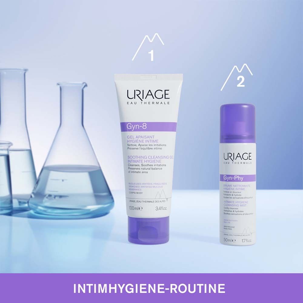 Zwei Produkte. Links: Tube. Rechts: Spray. Text: Intimhygiene-Routine.