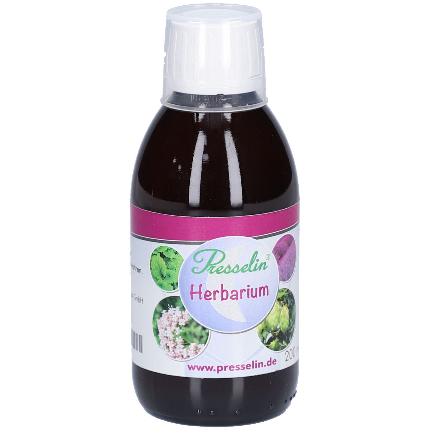 Braune Flüssigkeit in einer Flasche mit weißem Verschluss. Etikett mit Produktnamen PRESSELIN Herbarium und Abbildungen.