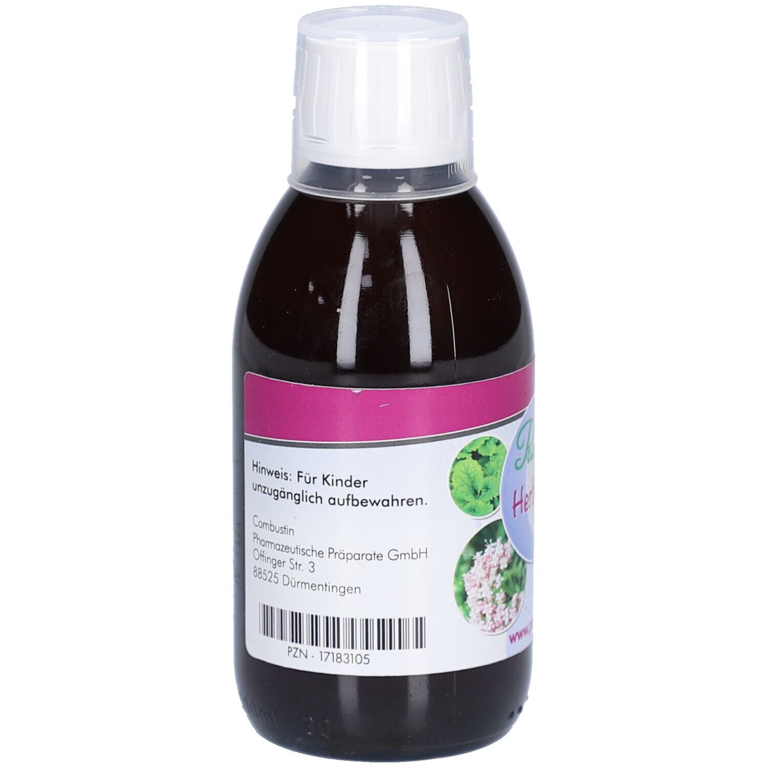 Braune Flüssigkeit in einer Flasche mit weißem Verschluss. Etikett mit Produktinformationen und Warnhinweis.