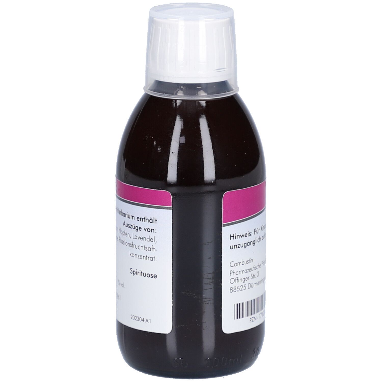 Braune Flüssigkeit in einer Flasche mit weißem Verschluss. Etikett mit Produktinformationen und Inhaltsstoffen.