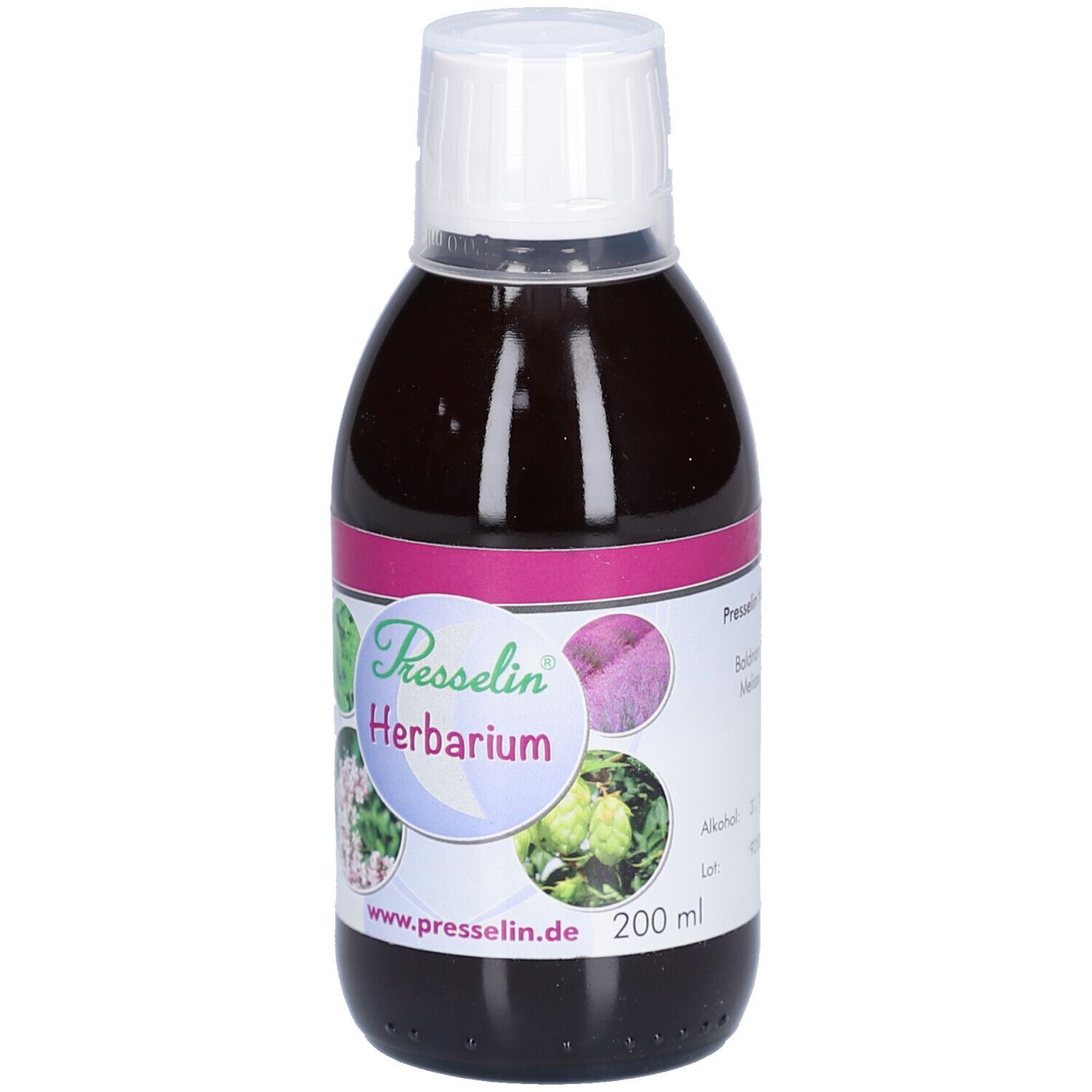 Braune Flüssigkeit in einer Flasche mit weißem Verschluss. Etikett mit Produktnamen PRESSELIN Herbarium und Abbildungen.