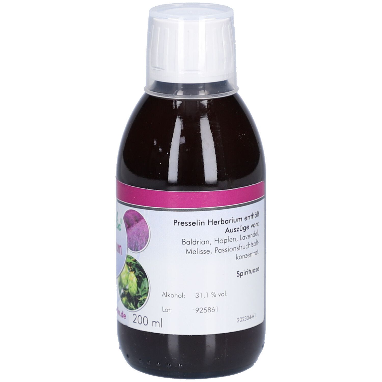 Braune Flüssigkeit in einer Flasche mit weißem Verschluss. Etikett mit Produktinformationen, Inhaltsstoffen und Alkoholgehalt.