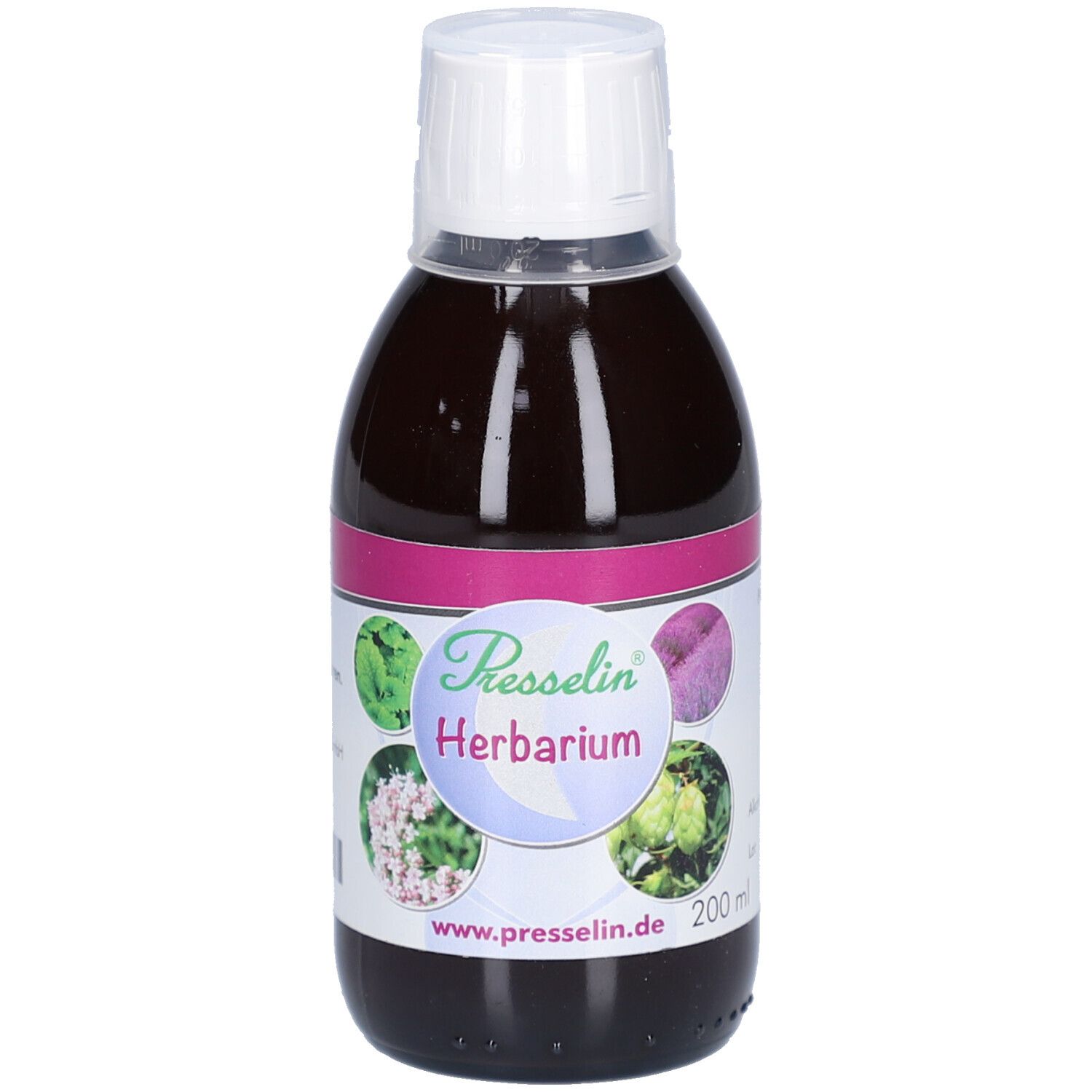 Braune Flüssigkeit in einer Flasche mit weißem Verschluss. Etikett mit Produktnamen PRESSELIN Herbarium und Abbildungen.