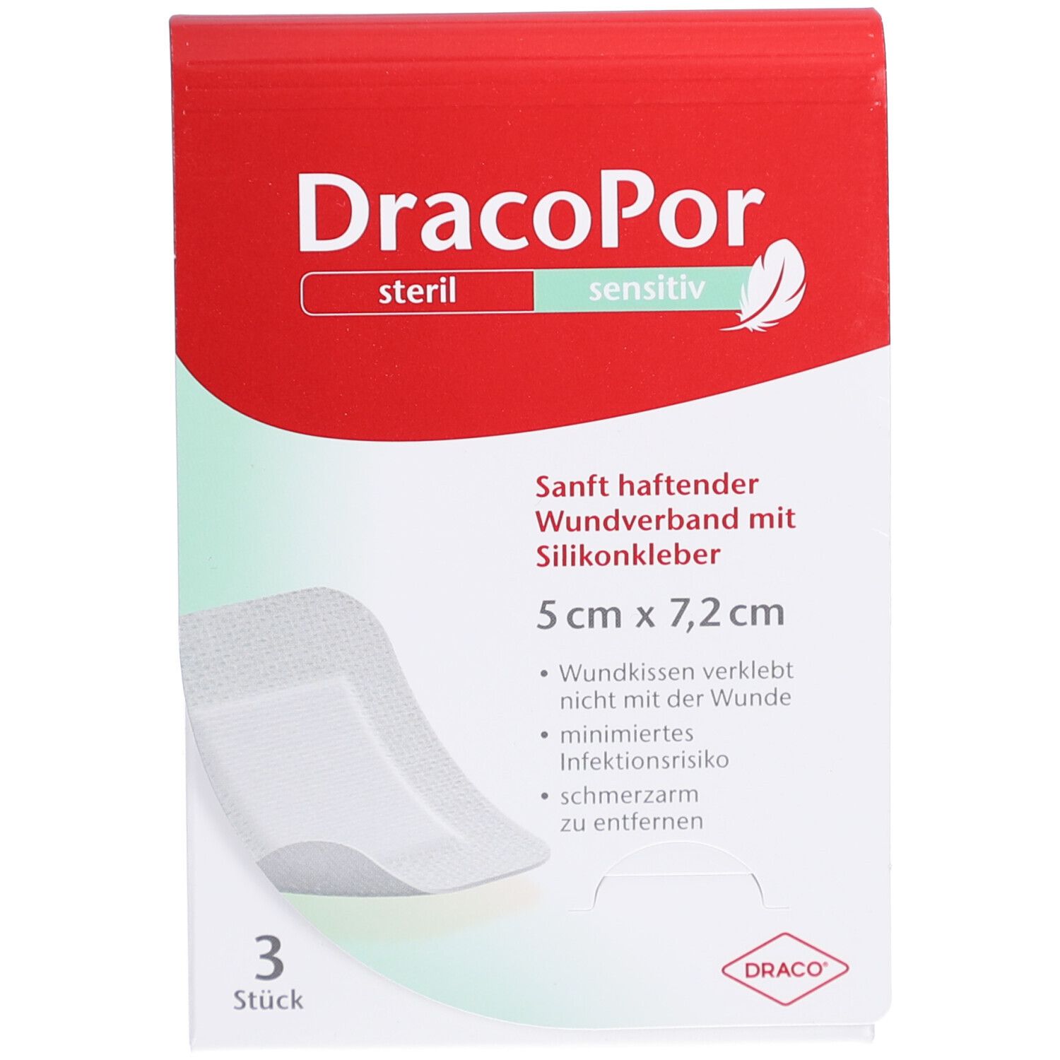 Verpackung mit Wundverband. Produktname: Dracopor sensitiv. Größe: 5 cm x 7,2 cm. 3 Stück. Mit Silikonkleber.