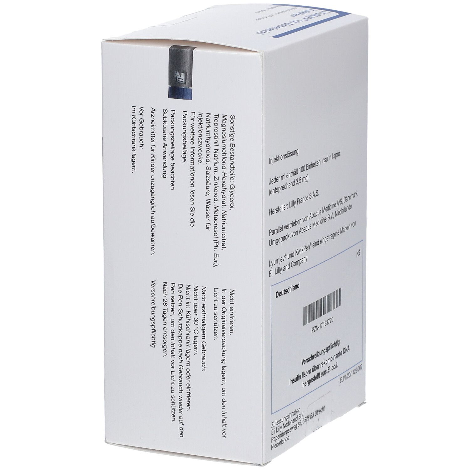 Weißer Karton mit blauer Beschriftung. Rückseite mit Text. Enthält Informationen zur Anwendung und Inhaltsstoffe.