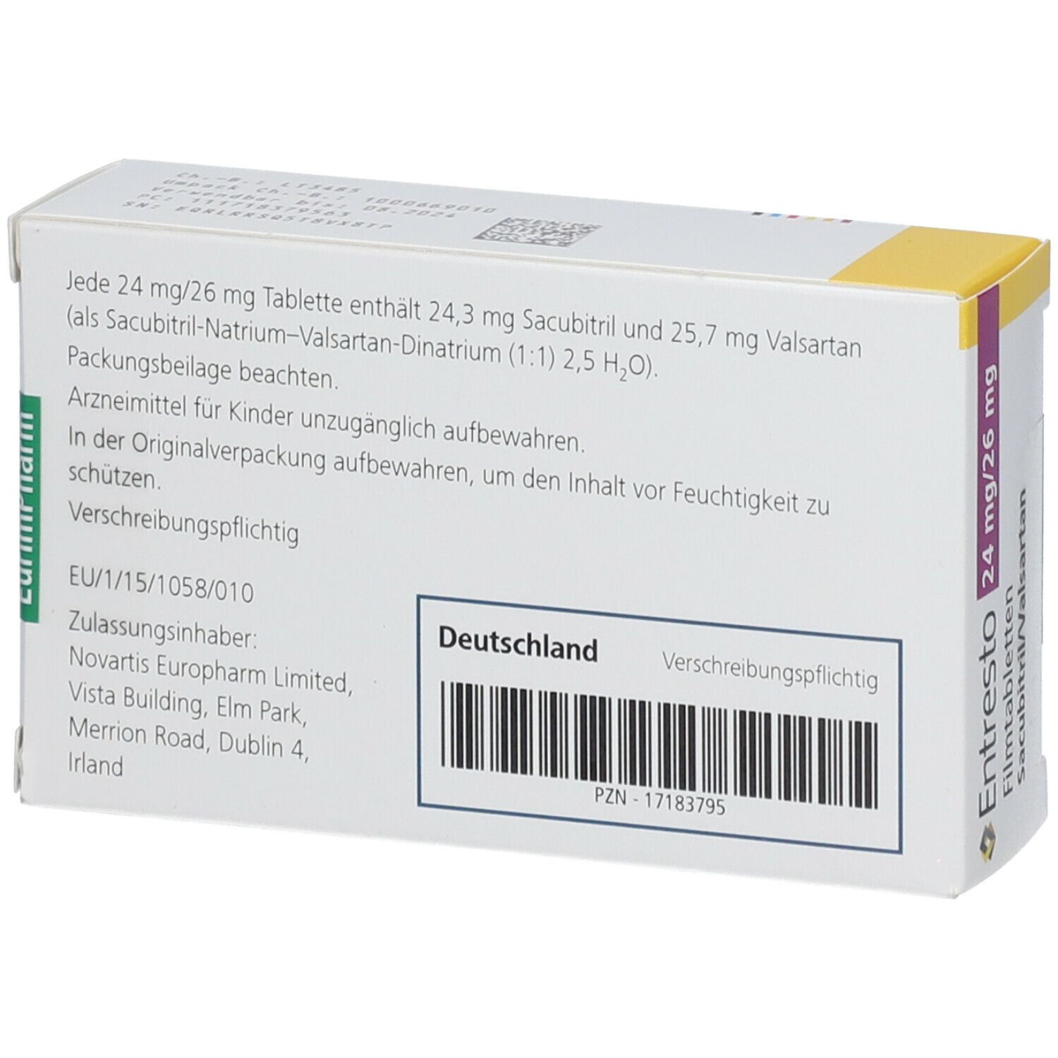 Rückseite der "Entresto 24 mg/26 mg Filmtabletten"-Schachtel. Enthält Informationen und Inhaltsstoffe.