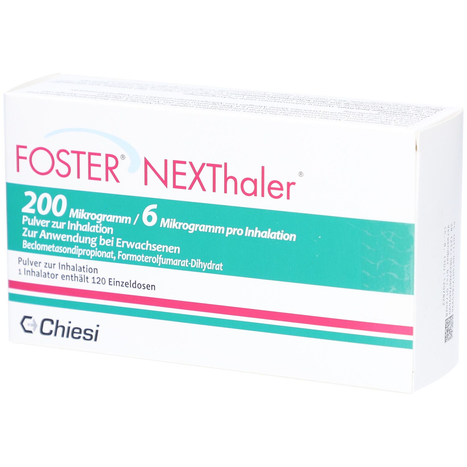 Weiße Schachtel mit FOSTER NEXThaler-Logo. Text: 200 Mikrogramm/6 Mikrogramm pro Inhalation. Chiesi-Logo.
