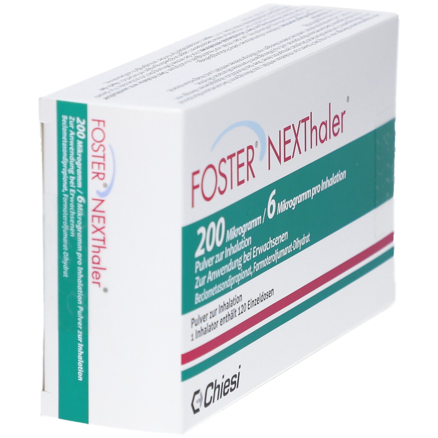 Schachtel FOSTER NEXThaler, schräg. Text: 200 Mikrogramm/6 Mikrogramm pro Inhalation. Chiesi-Logo. Grün-rot-weiße Streifen.