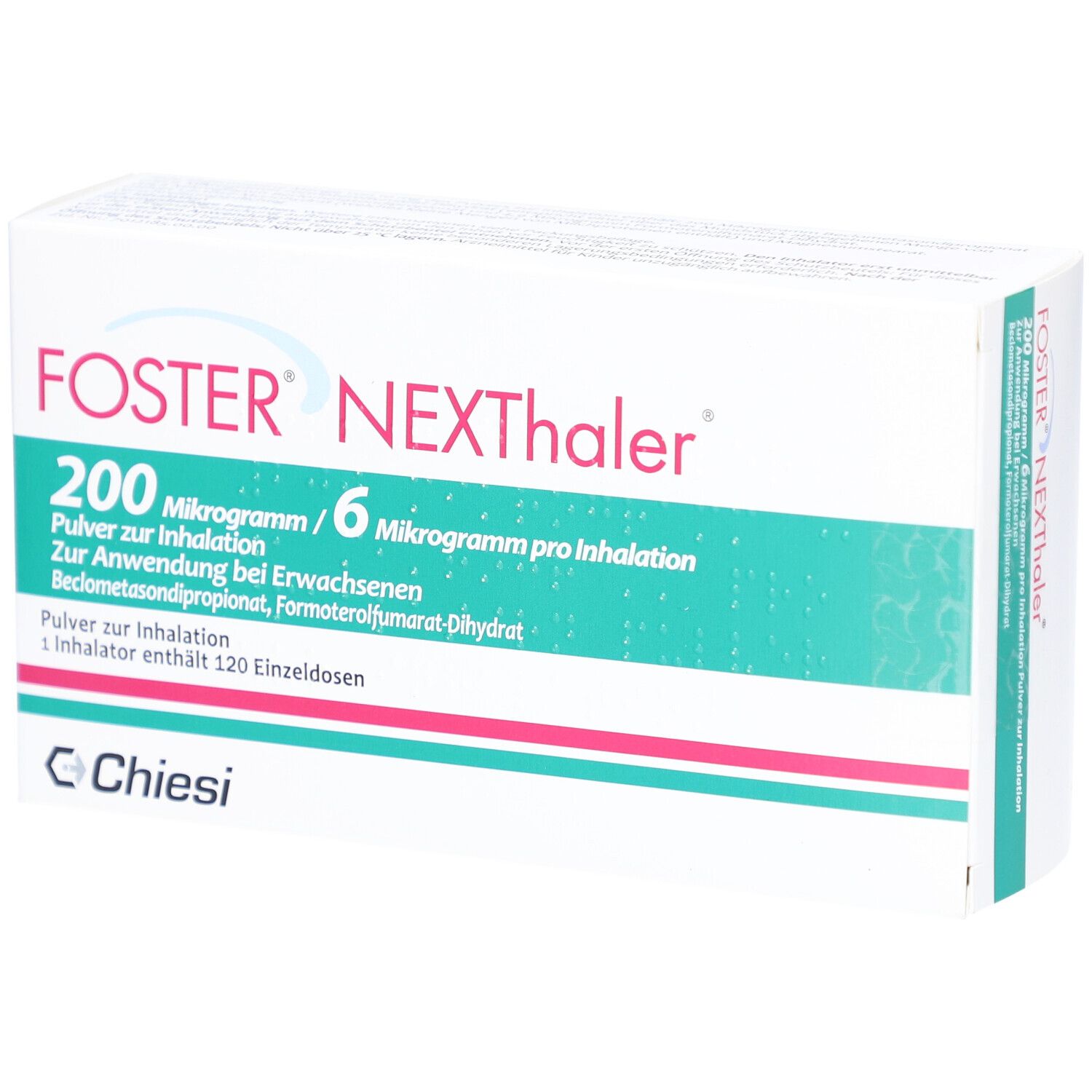 Weiße Schachtel mit FOSTER NEXThaler-Logo. Text: 200 Mikrogramm/6 Mikrogramm pro Inhalation. Chiesi-Logo.