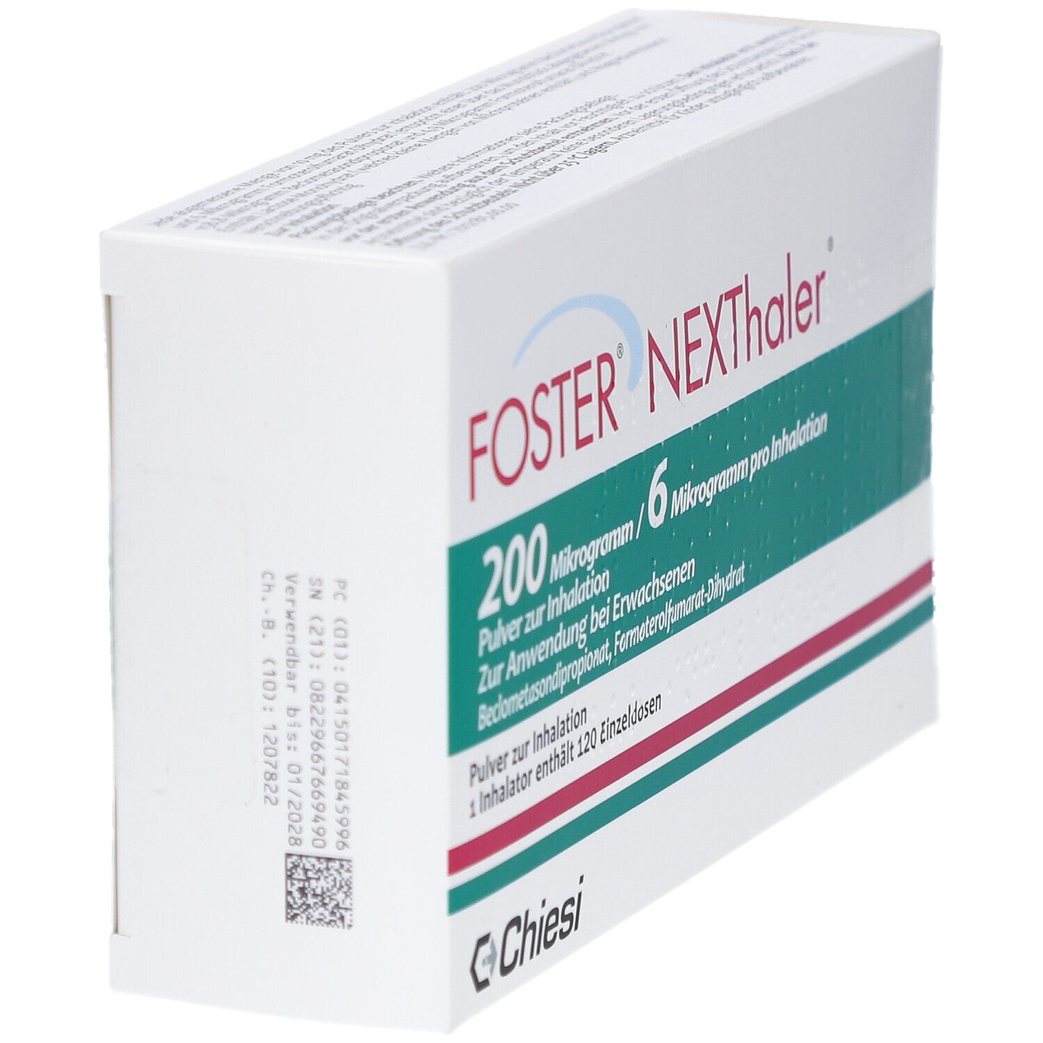 Schachtel FOSTER NEXThaler, weiß mit grünen und roten Streifen. Aufschrift und Logo Chiesi. Ansicht von der Seite.