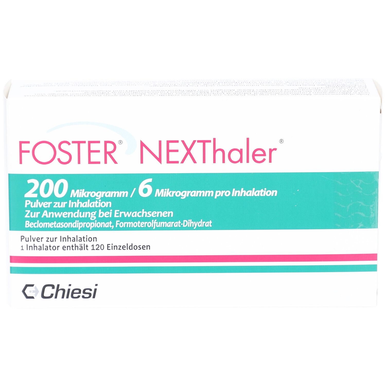 Weiße Schachtel mit FOSTER NEXThaler-Logo. Text: 200 Mikrogramm/6 Mikrogramm pro Inhalation. Chiesi-Logo.