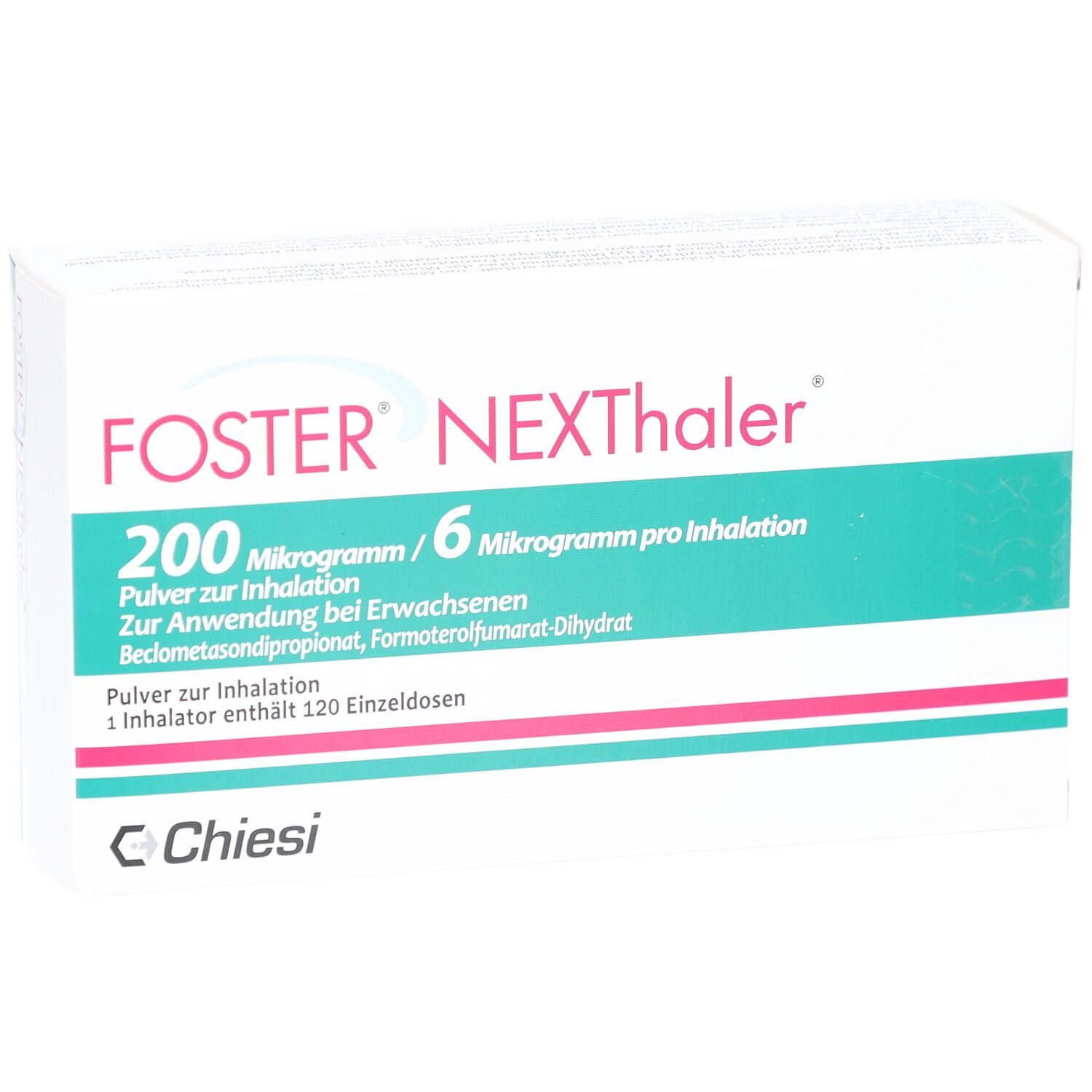 Weiße Schachtel mit FOSTER NEXThaler-Logo. Text: 200 Mikrogramm/6 Mikrogramm pro Inhalation. Chiesi-Logo.