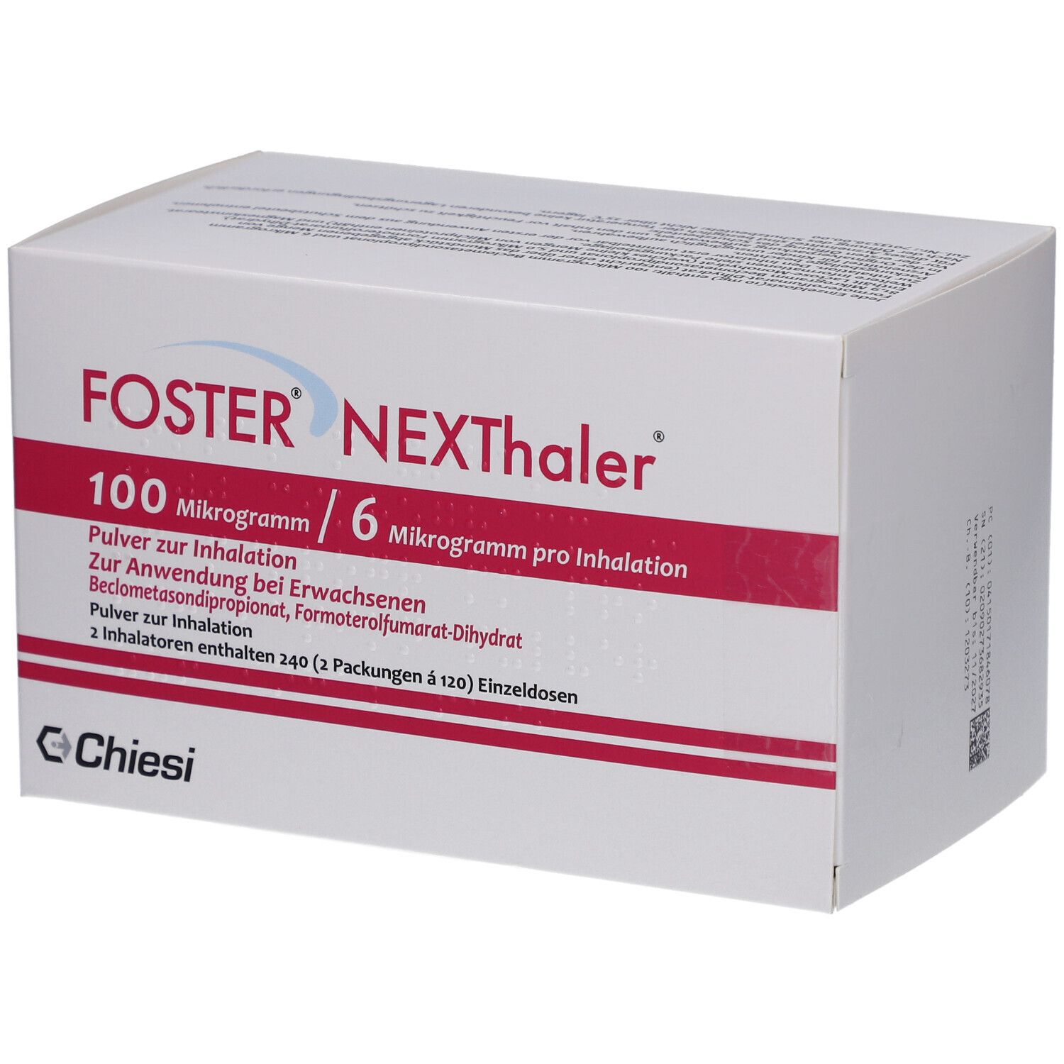 Weiße Schachtel mit roter Schrift. FOSTER NEXThaler, 100 Mikrogramm/6 Mikrogramm pro Inhalation. Pulver zur Inhalation.