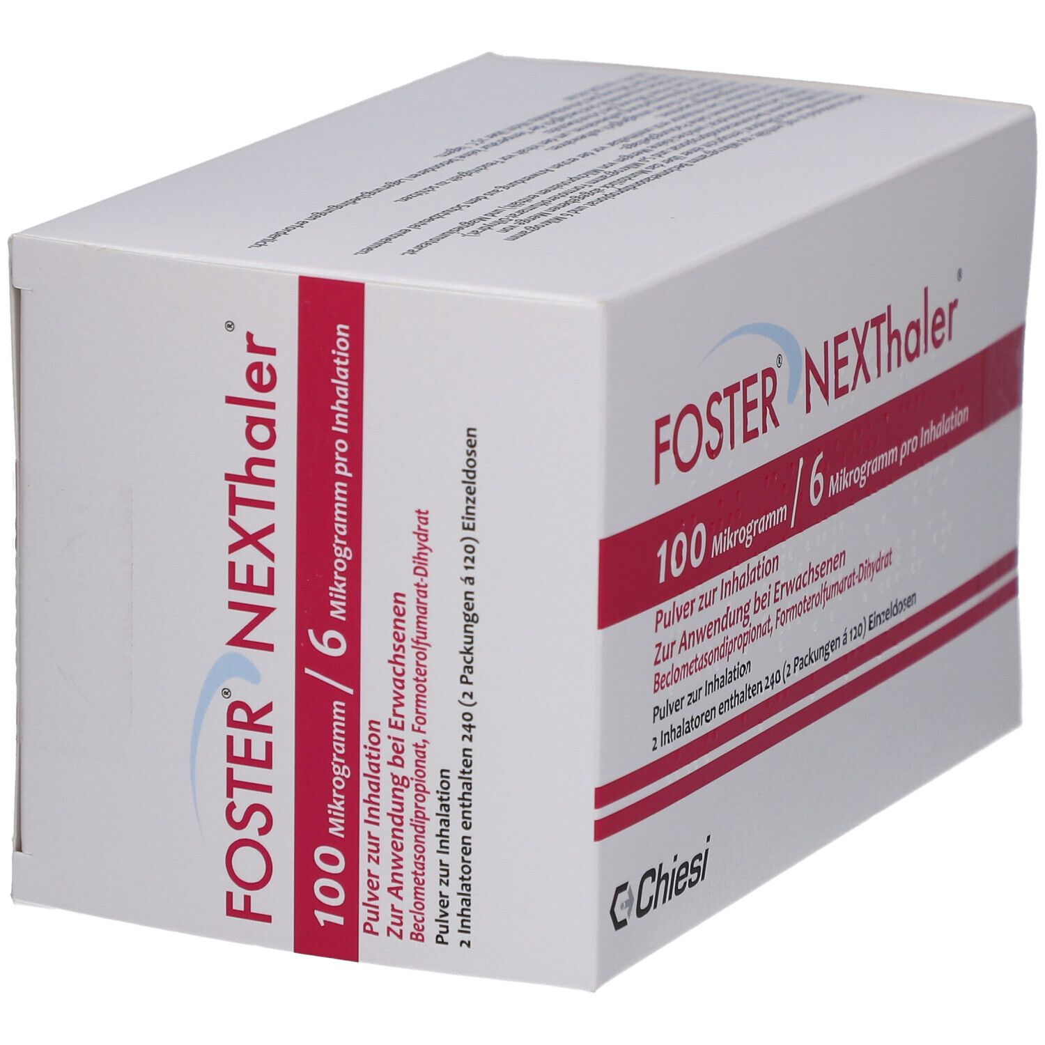 Weiße Schachtel mit roter Schrift. FOSTER NEXThaler, 100 Mikrogramm/6 Mikrogramm pro Inhalation. Pulver zur Inhalation.