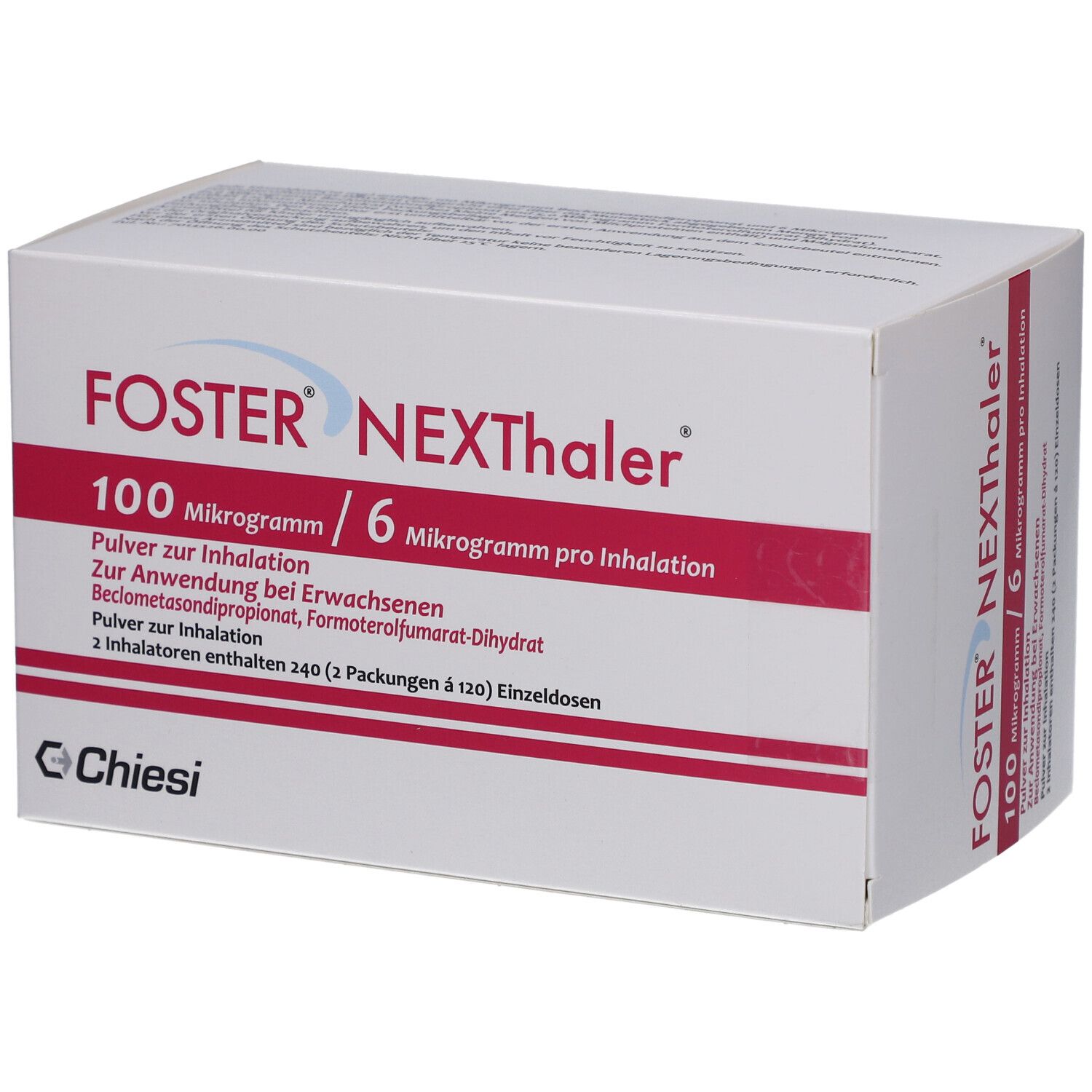 Weiße Schachtel mit roter Schrift. FOSTER NEXThaler, 100 Mikrogramm/6 Mikrogramm pro Inhalation. Pulver zur Inhalation.