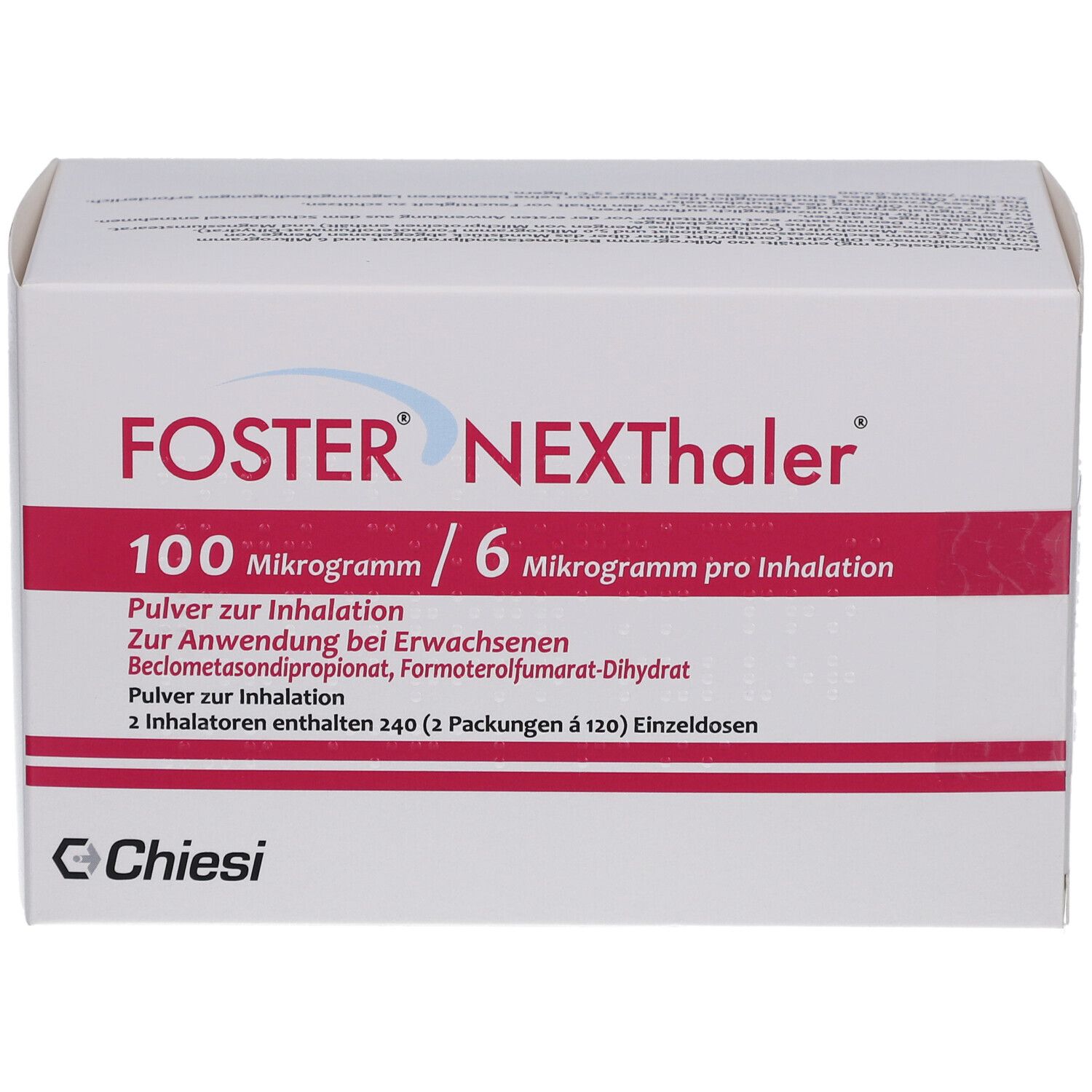 Weiße Schachtel mit roter Schrift. FOSTER NEXThaler, 100 Mikrogramm/6 Mikrogramm pro Inhalation. Pulver zur Inhalation.
