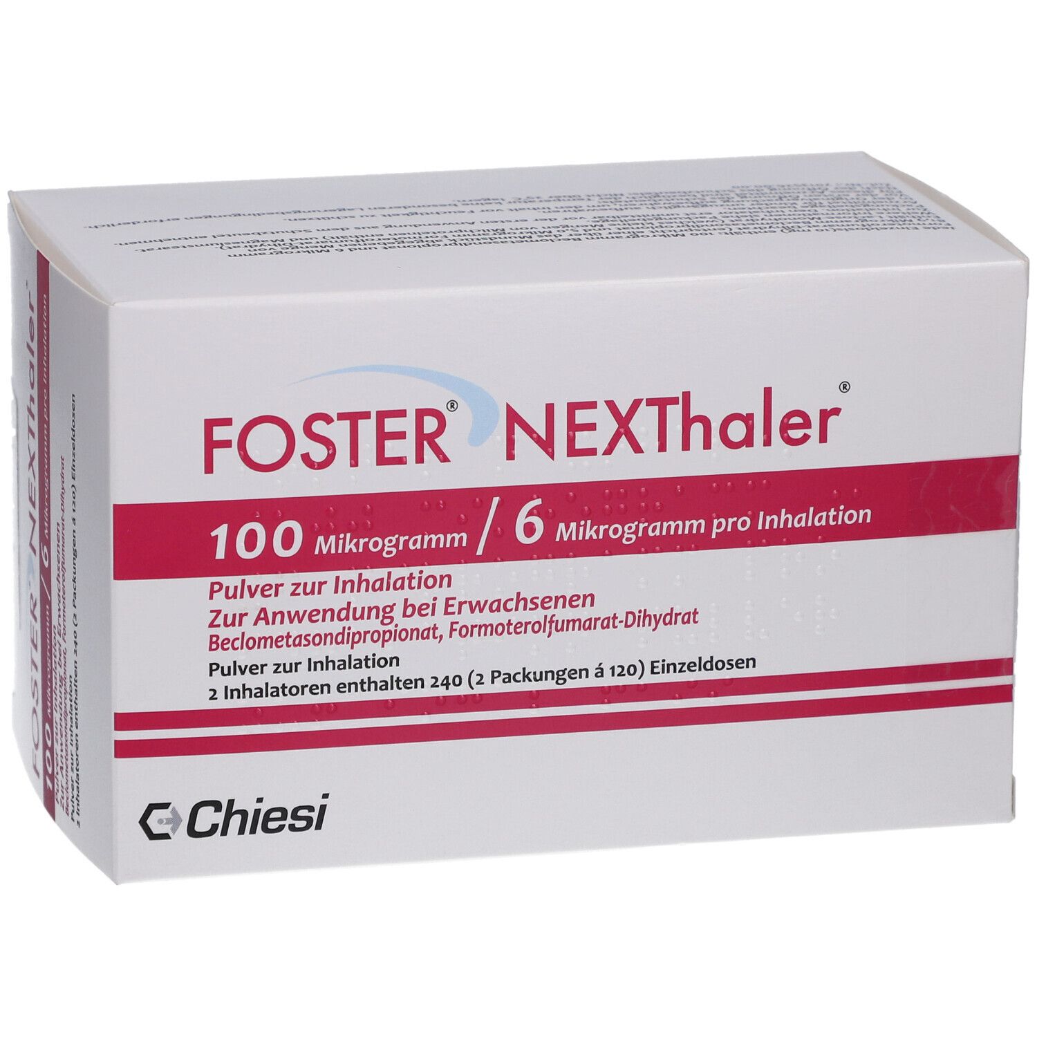 Weiße Schachtel mit roter Schrift. FOSTER NEXThaler, 100 Mikrogramm/6 Mikrogramm pro Inhalation. Pulver zur Inhalation.