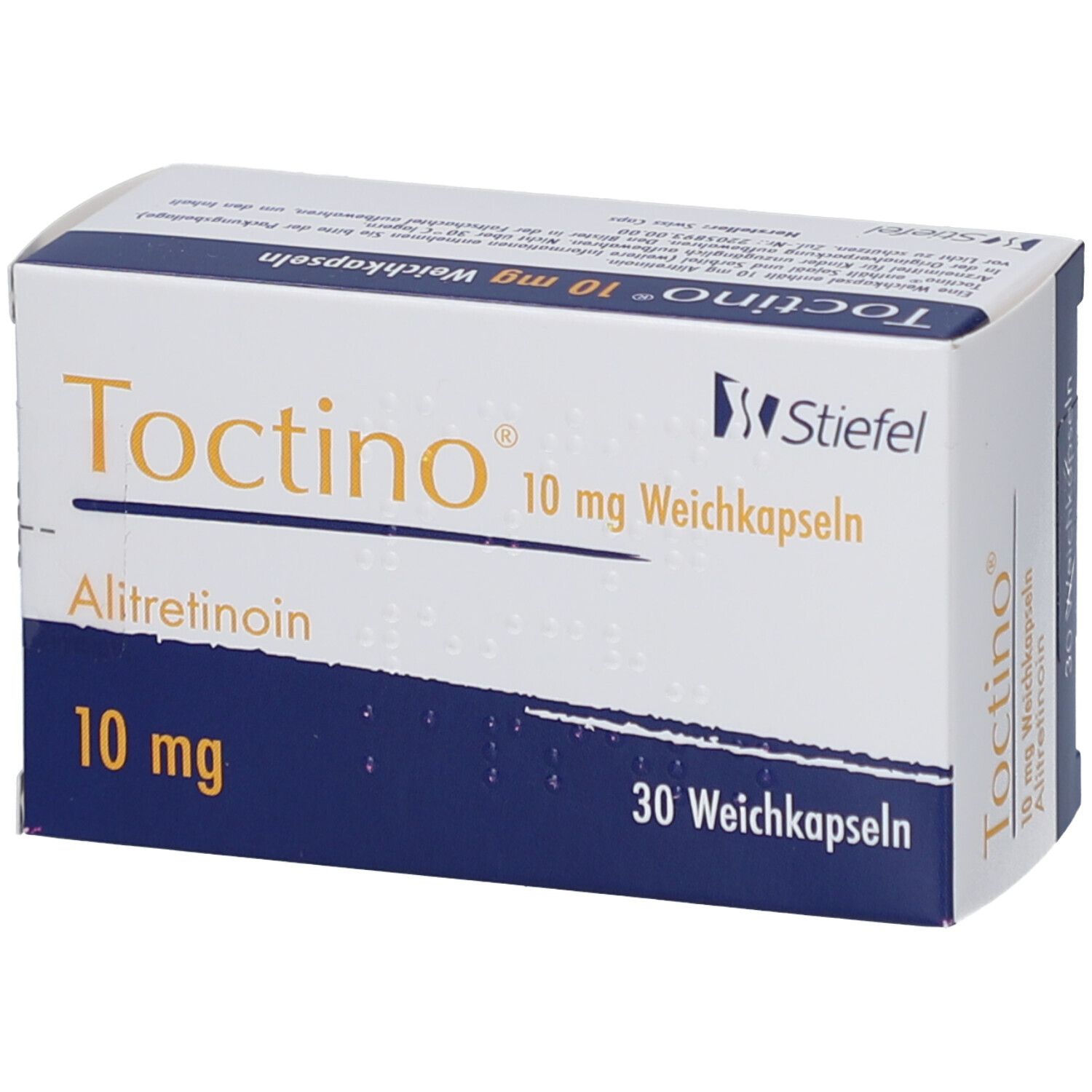 Schachtel mit "Toctino 10 mg Weichkapseln". Blaue und weiße Verpackung. Enthält 30 Weichkapseln. Marke Stiefel.