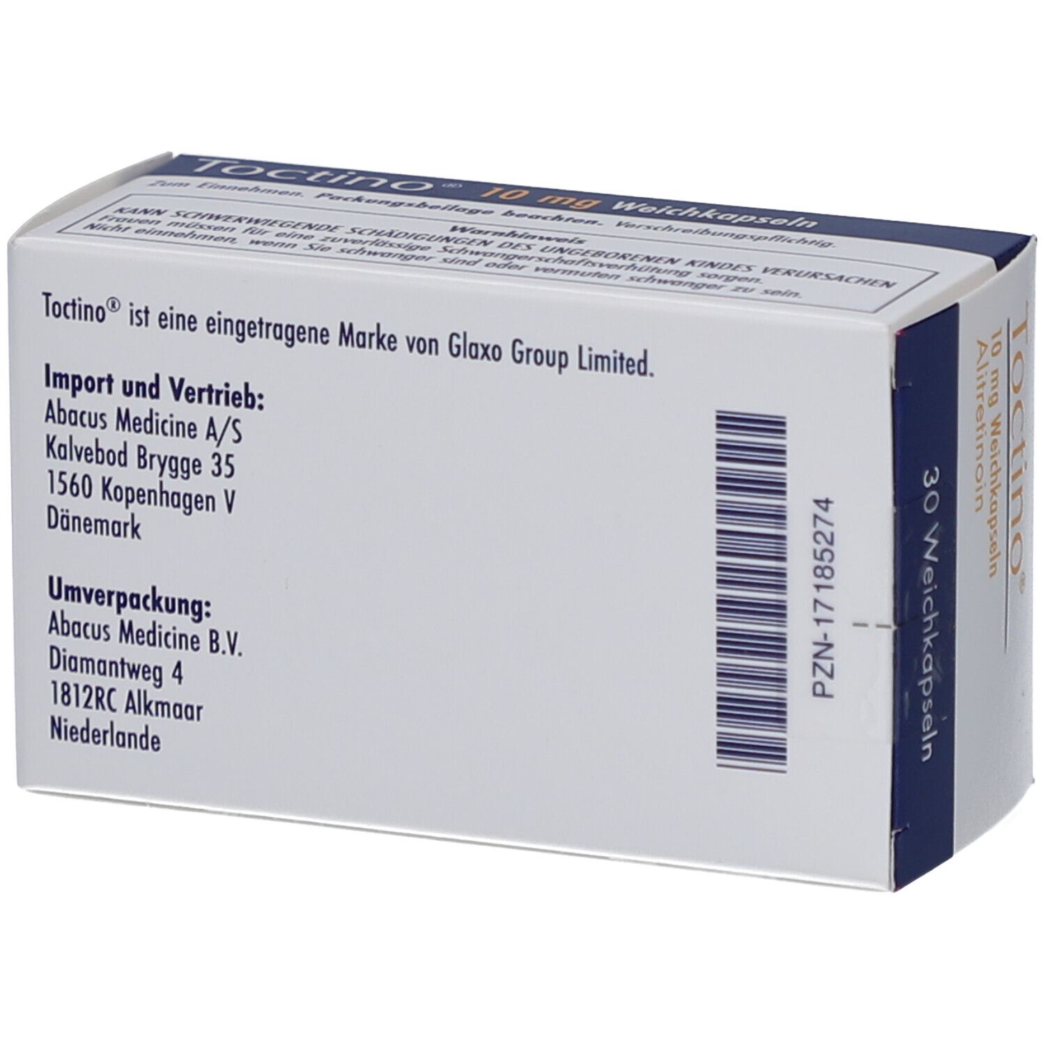 Rückseite der Schachtel "Toctino 10 mg Weichkapseln". Textinformationen und Barcode. Herstellerinformationen.