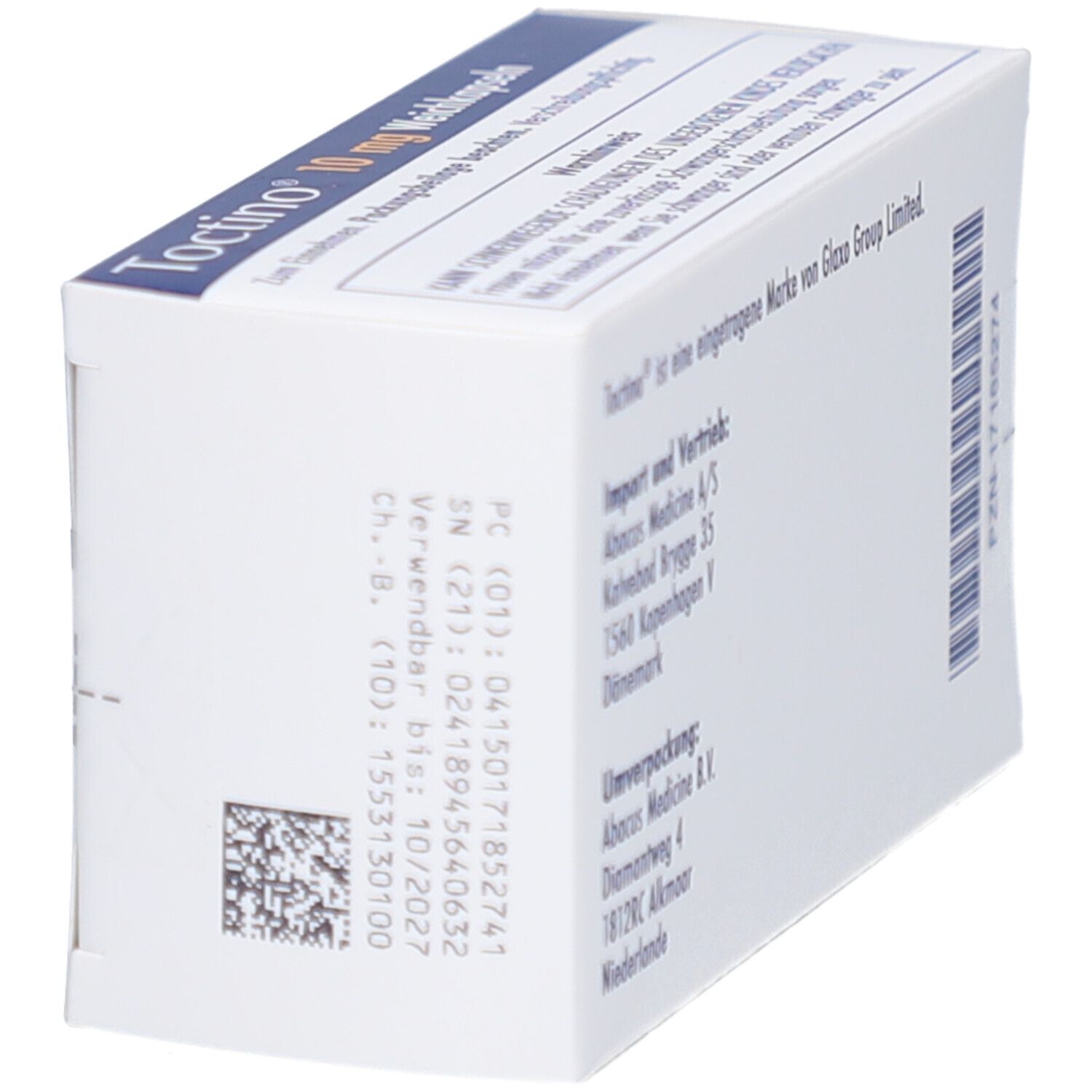 Schachtel "Toctino 10 mg Weichkapseln". Weiße Verpackung mit blauer Fläche. Text und Barcode auf der Seite.