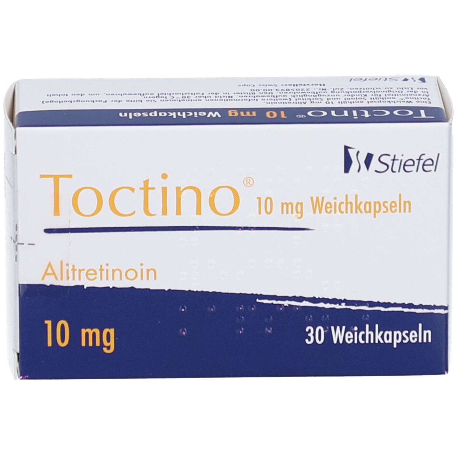 Schachtel "Toctino 10 mg Weichkapseln". Blaue und weiße Verpackung. Enthält 30 Weichkapseln. Marke Stiefel.