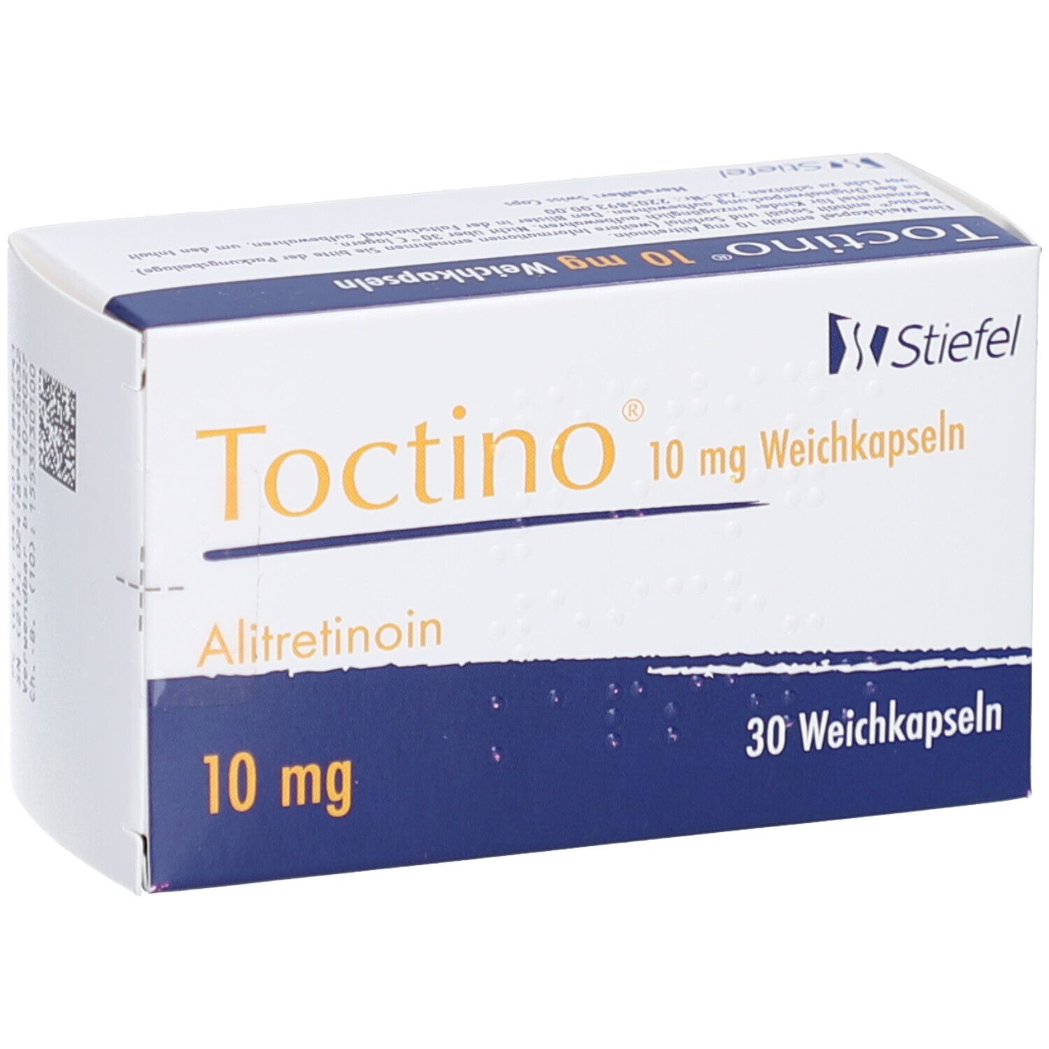 Schachtel "Toctino 10 mg Weichkapseln". Blaue und weiße Verpackung. Enthält 30 Weichkapseln. Marke Stiefel.