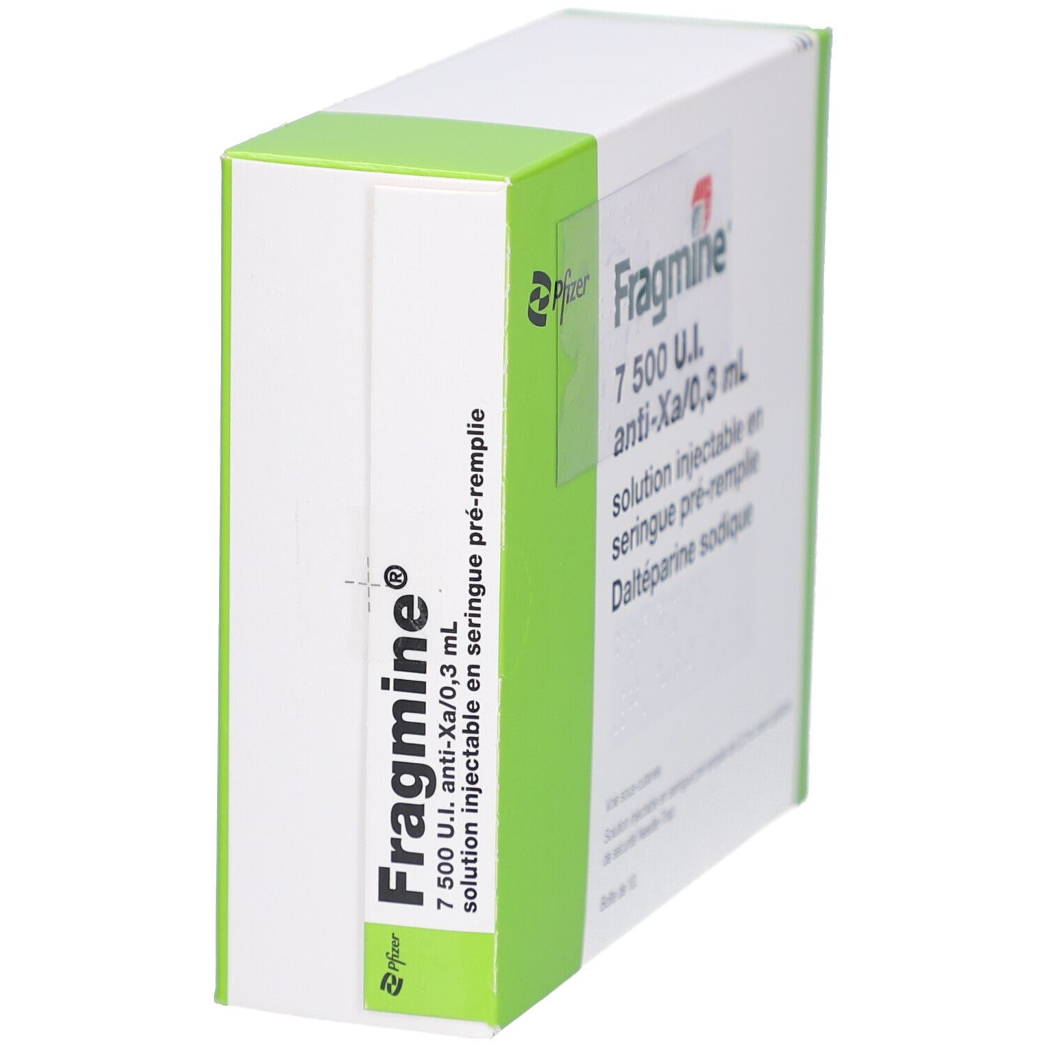 Seitenansicht der FRAGMIN-Schachtel. Aufschrift: FRAGMIN 7.500 I.E. anti-Xa/0,3 ml. Lösung zur Injektion.