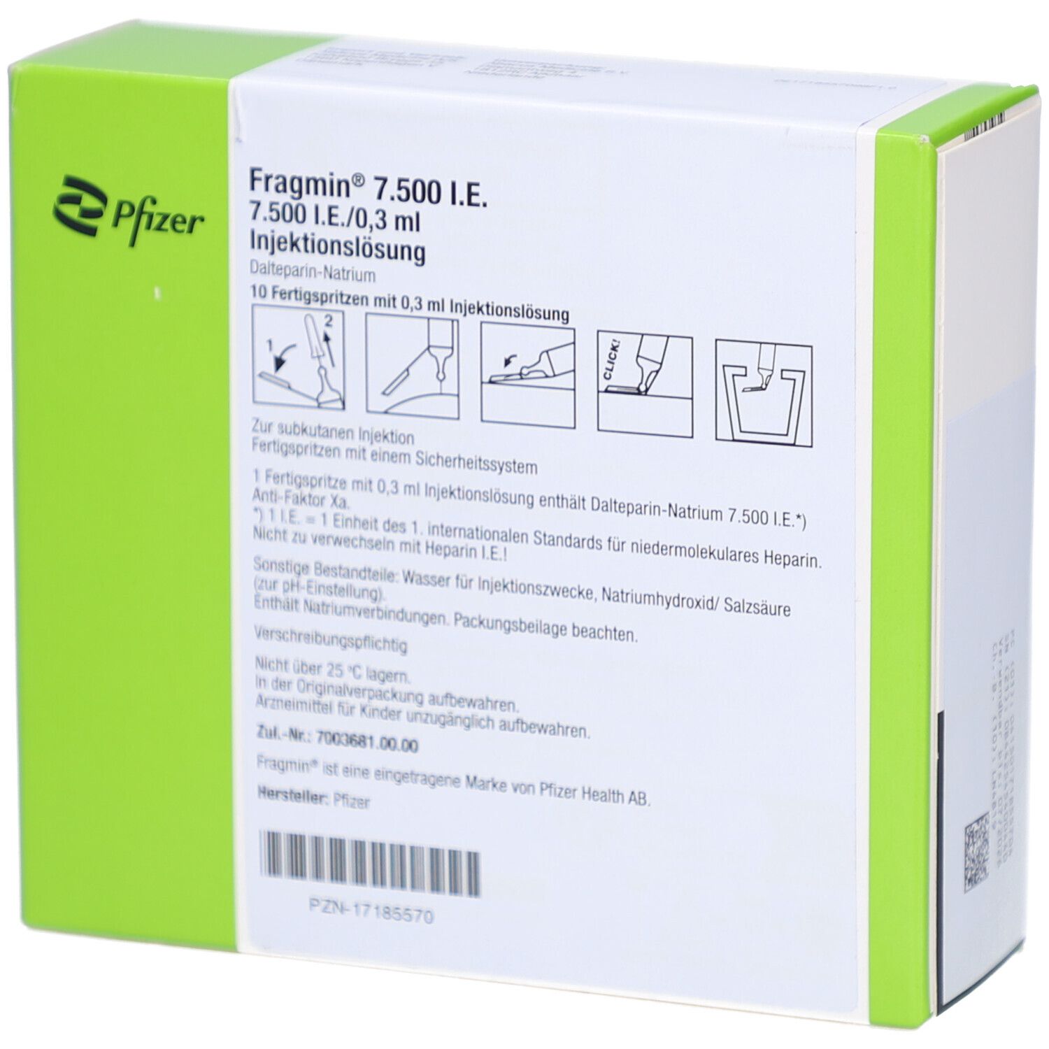 Rückseite der FRAGMIN-Schachtel. Aufschrift: FRAGMIN 7.500 I.E./0,3 ml Injektionslösung. Enthält 10 Fertigspritzen.