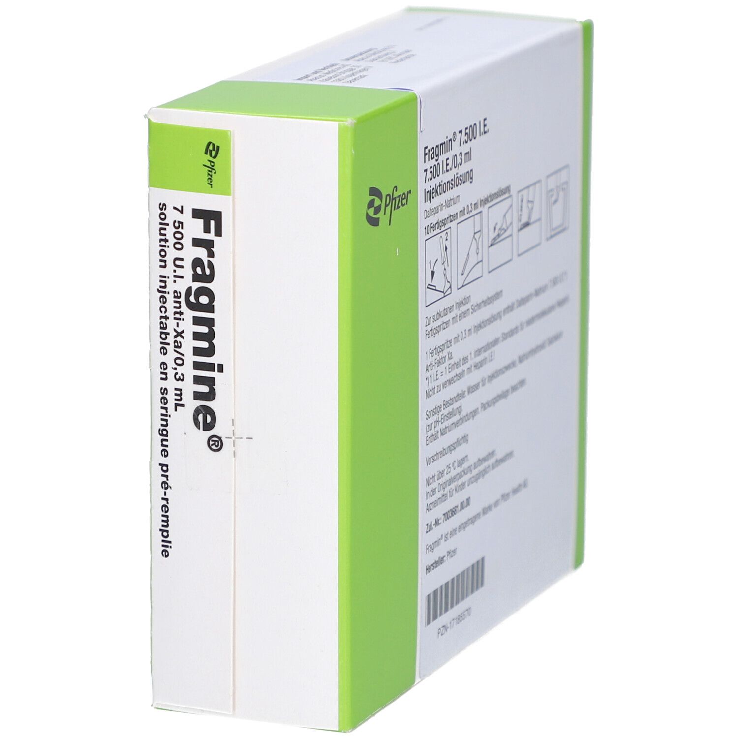 Seitenansicht der FRAGMIN-Schachtel. Aufschrift: FRAGMIN 7.500 I.E. anti-Xa/0,3 ml. Lösung zur Injektion.