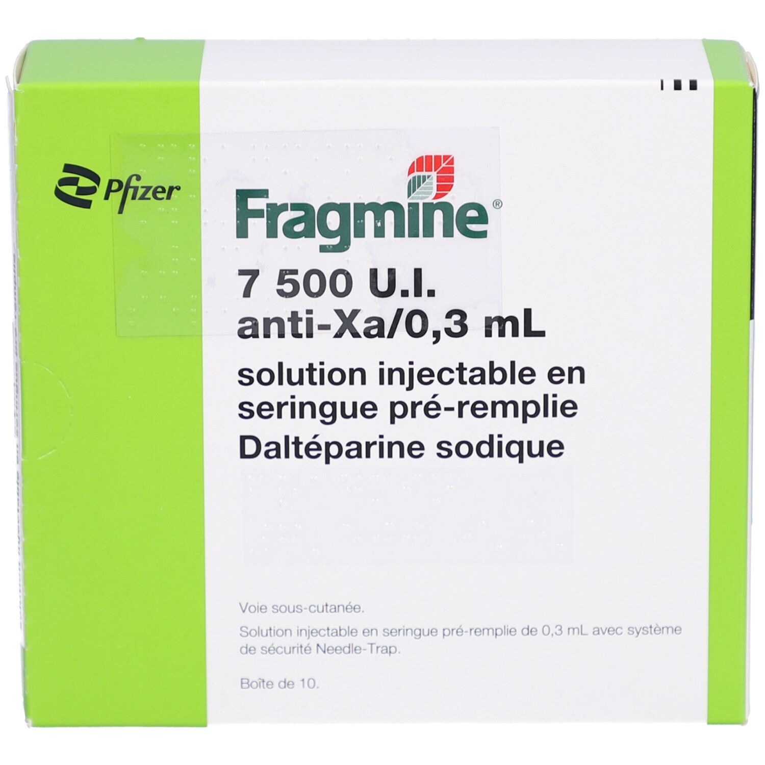 Schachtel mit FRAGMIN 7.500 I.E. Fertigspritzen. Aufschrift: 7.500 I.E. anti-Xa/0,3 ml. Lösung zur Injektion.