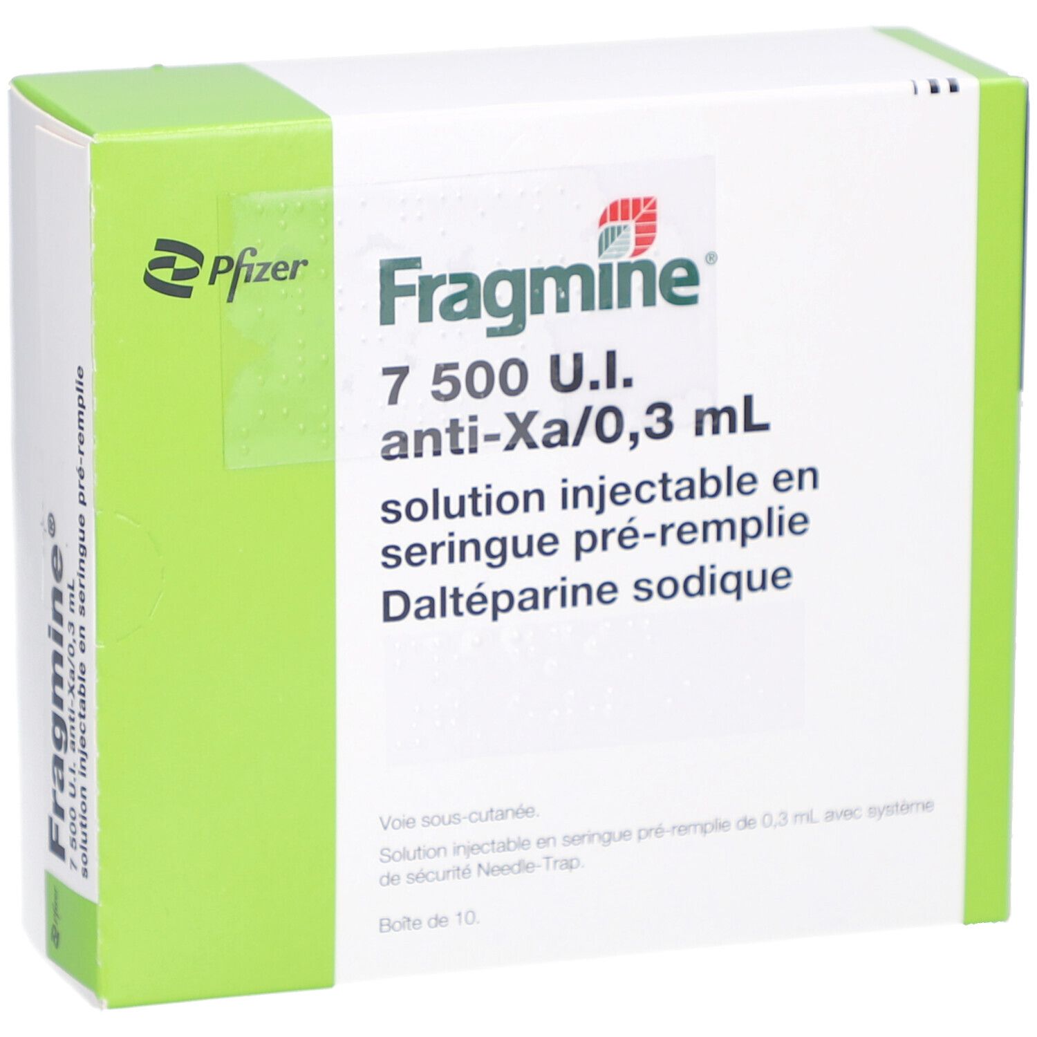 Schachtel mit FRAGMIN 7.500 I.E. Fertigspritzen. Aufschrift: 7.500 I.E. anti-Xa/0,3 ml. Lösung zur Injektion.