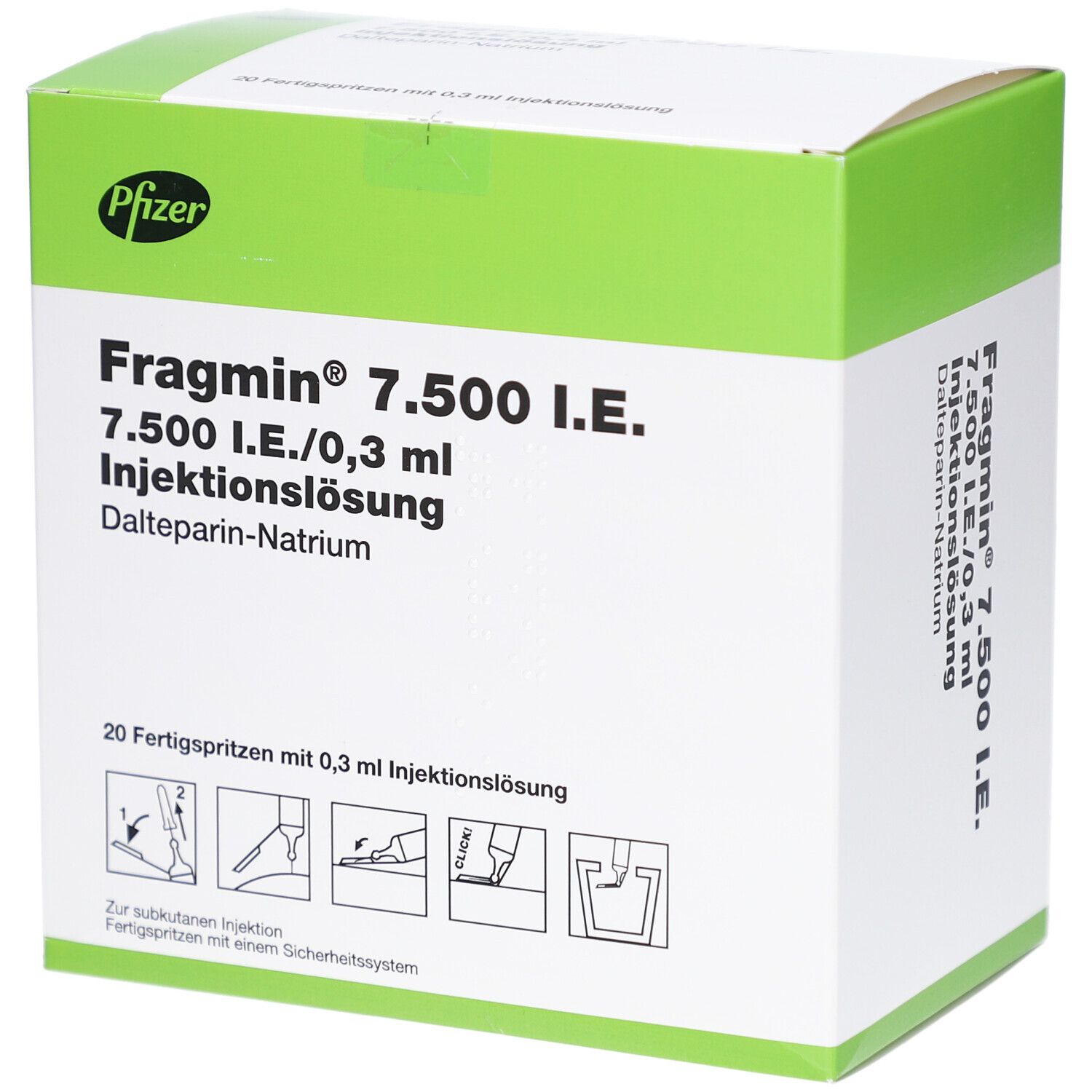 Schachtel mit FRAGMIN 7.500 I.E. Fertigspritzen. Grün-weiße Verpackung mit Produktnamen und Pfizer-Logo. Enthält 20 Fertigspritzen.