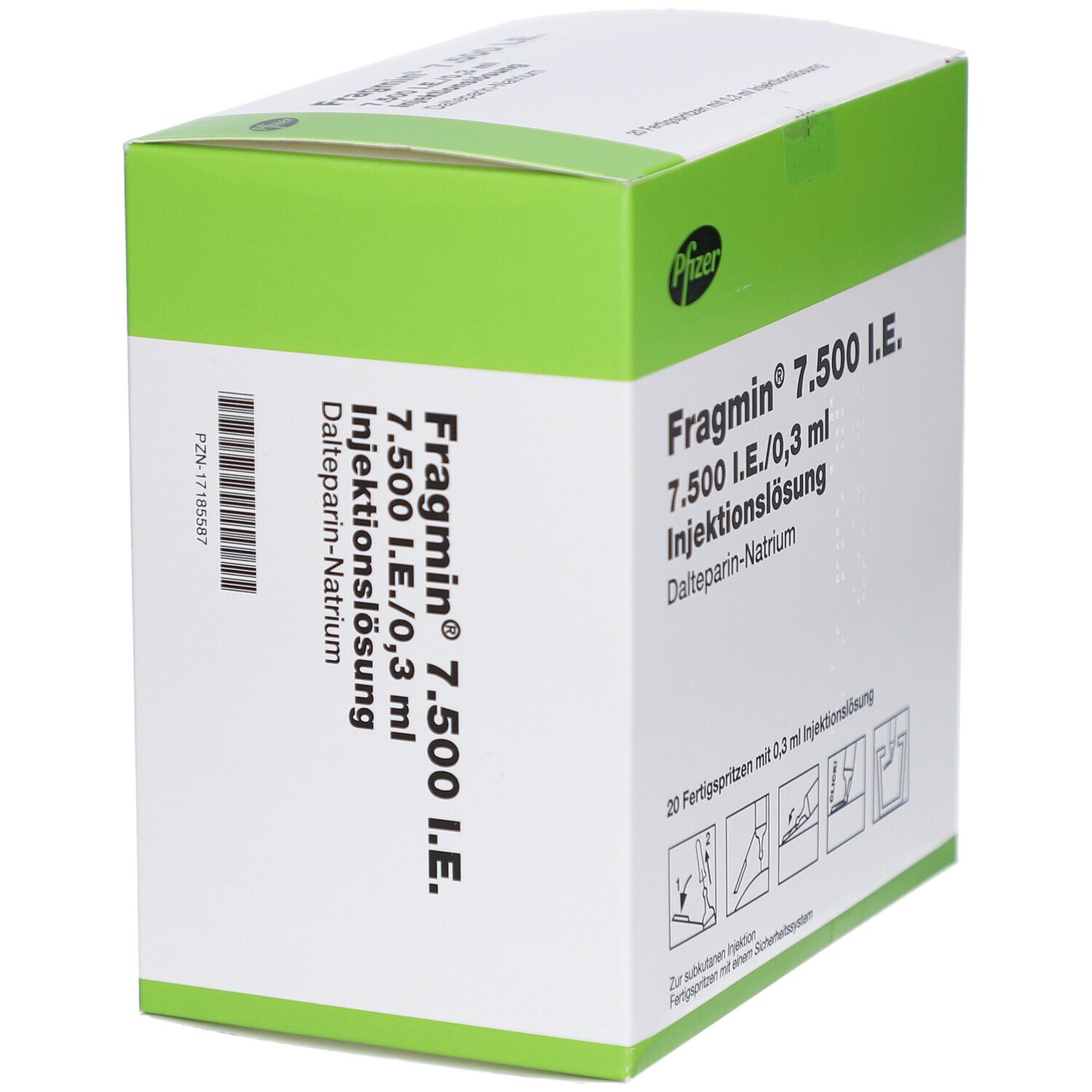 Schachtel FRAGMIN 7.500 I.E. mit Barcode und Produktinformationen. Grün-weiße Verpackung mit Pfizer-Logo und Produktnamen.