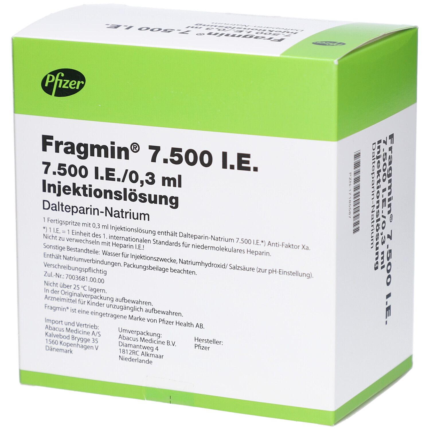 Schachtel FRAGMIN 7.500 I.E. mit Produktinformationen. Grün-weiße Verpackung mit Pfizer-Logo und Produktnamen. Text in Deutsch.