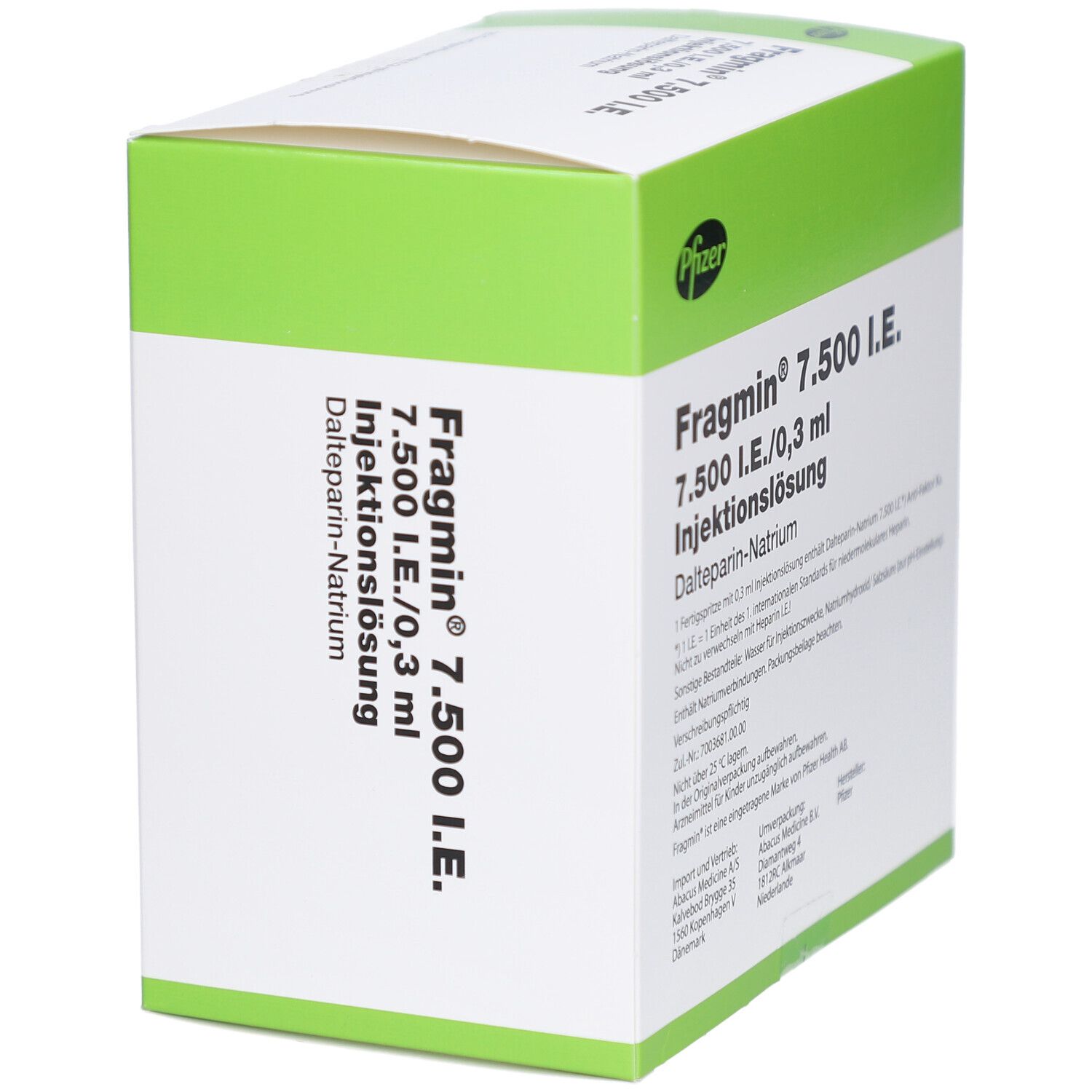 Schachtel FRAGMIN 7.500 I.E. Grün-weiße Verpackung mit Pfizer-Logo und Produktnamen. Produktinformationen auf der Seite.