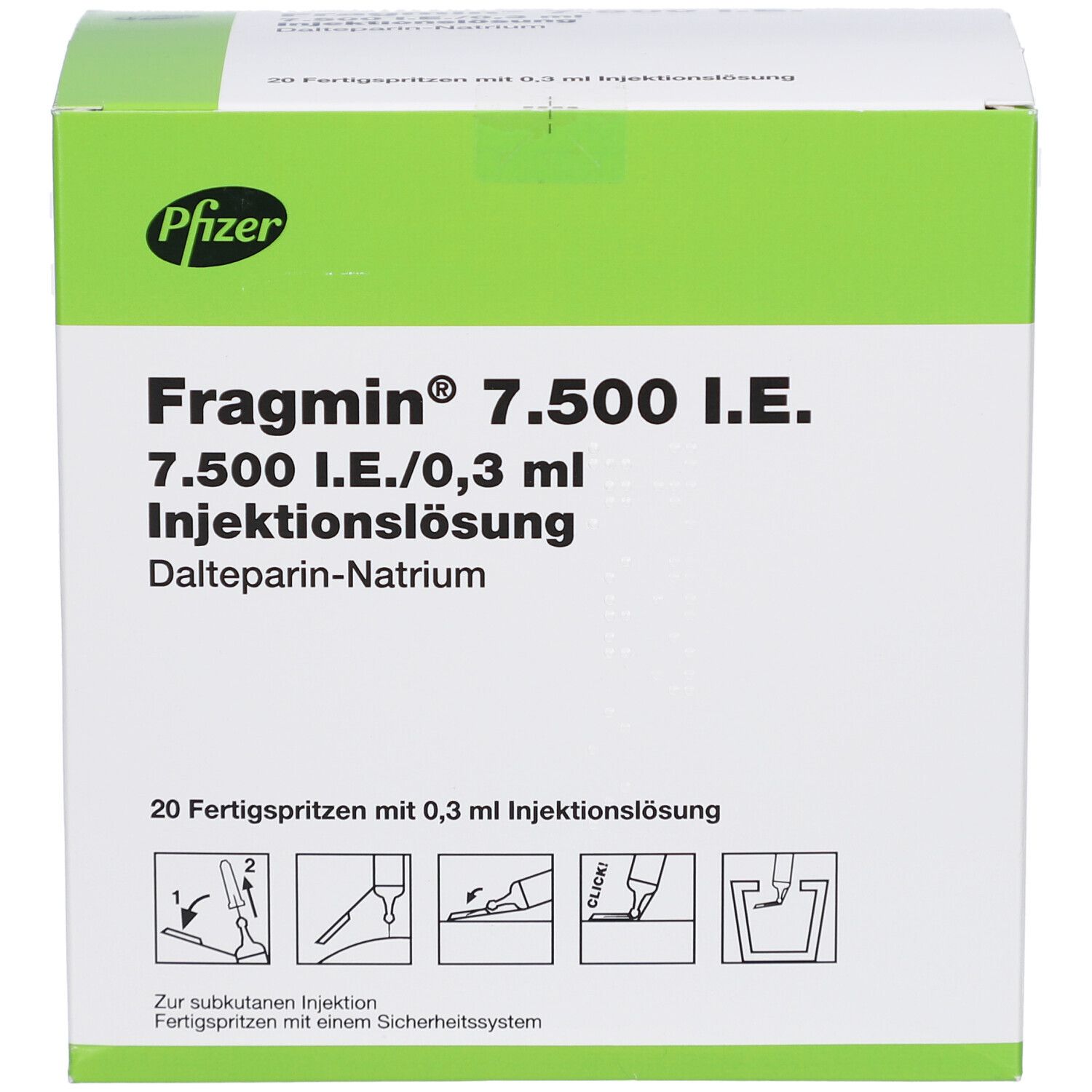 Schachtel FRAGMIN 7.500 I.E. mit Produktinformationen und Anwendungsbeispielen. Grün-weiße Verpackung mit Pfizer-Logo.