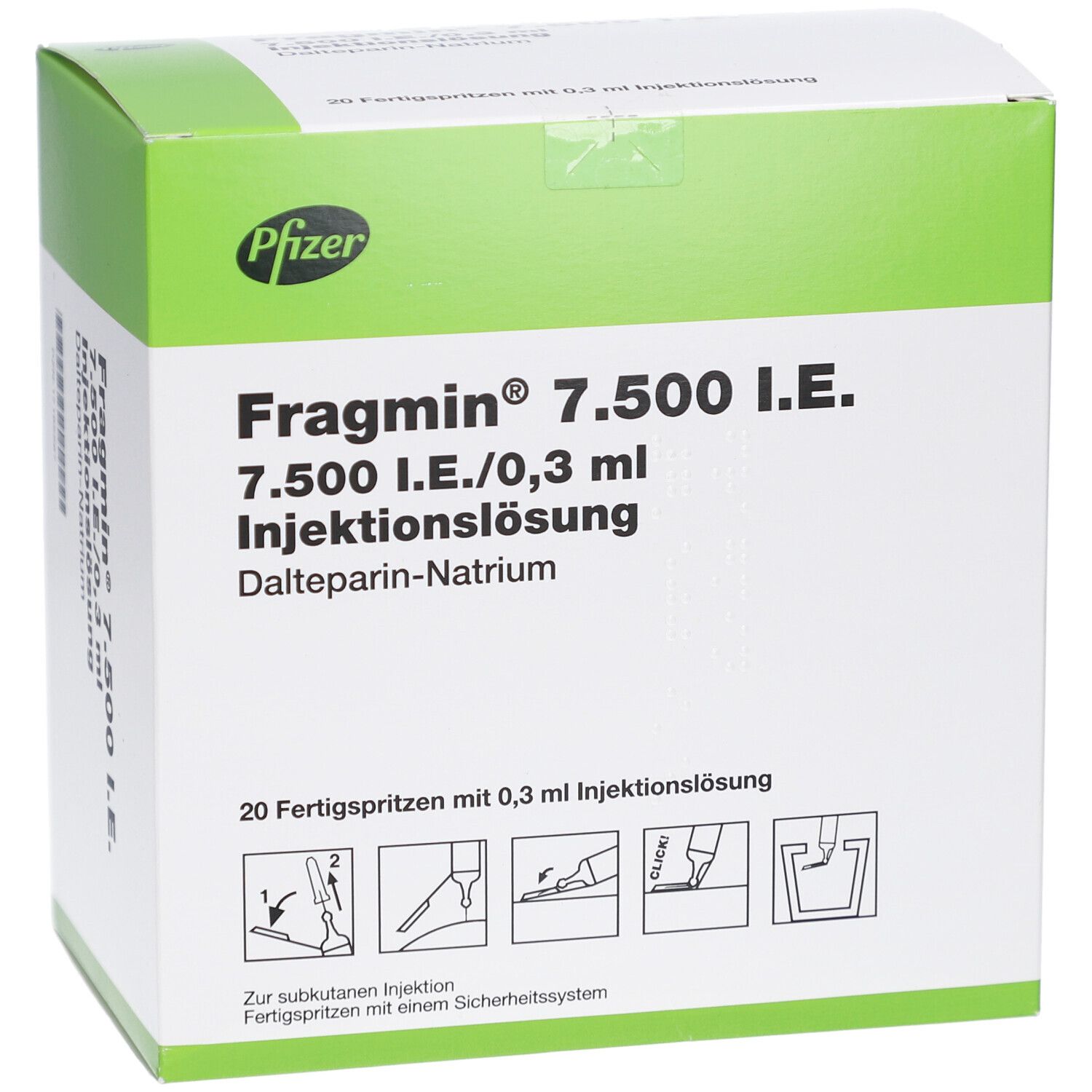 Schachtel FRAGMIN 7.500 I.E. mit Produktinformationen und Anwendungsbeispielen. Grün-weiße Verpackung mit Pfizer-Logo.