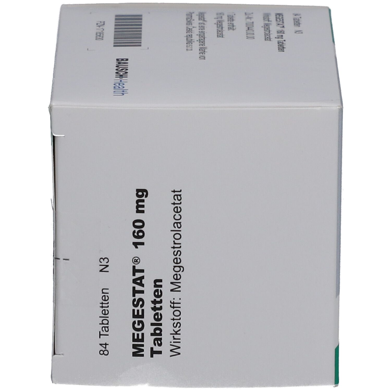 Schachtel mit MEGESTAT 160 mg Tabletten. 84 Tabletten. Wirkstoff: Megestrolacetat. Weiß mit grünen Akzenten.