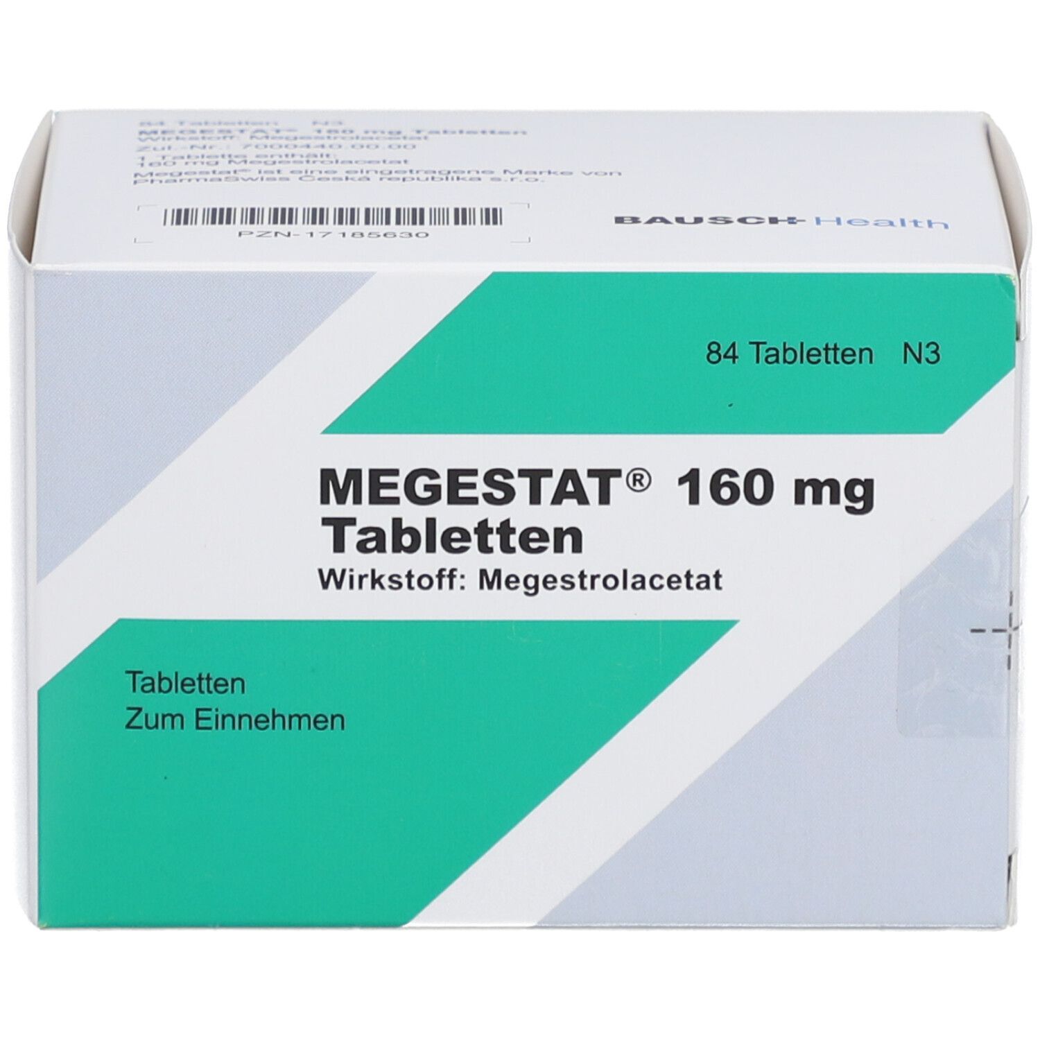 Schachtel MEGESTAT 160 mg Tabletten. 84 Tabletten. Wirkstoff: Megestrolacetat. Aufschrift: Zum Einnehmen. Weiß mit grünem Feld.