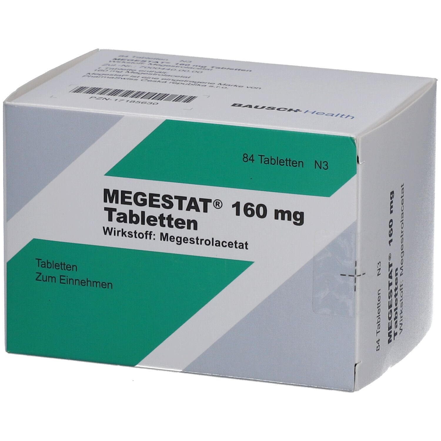 Schachtel MEGESTAT 160 mg Tabletten. 84 Tabletten. Wirkstoff: Megestrolacetat. Aufschrift: Zum Einnehmen. Weiß mit grünem Feld.