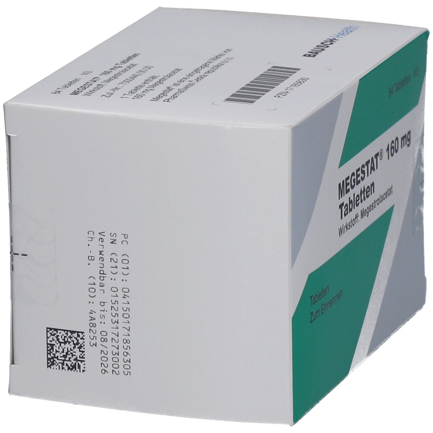 Schachtel MEGESTAT 160 mg Tabletten. 84 Tabletten. Wirkstoff: Megestrolacetat. Aufschrift: Zum Einnehmen. Weiß mit grünem Feld.