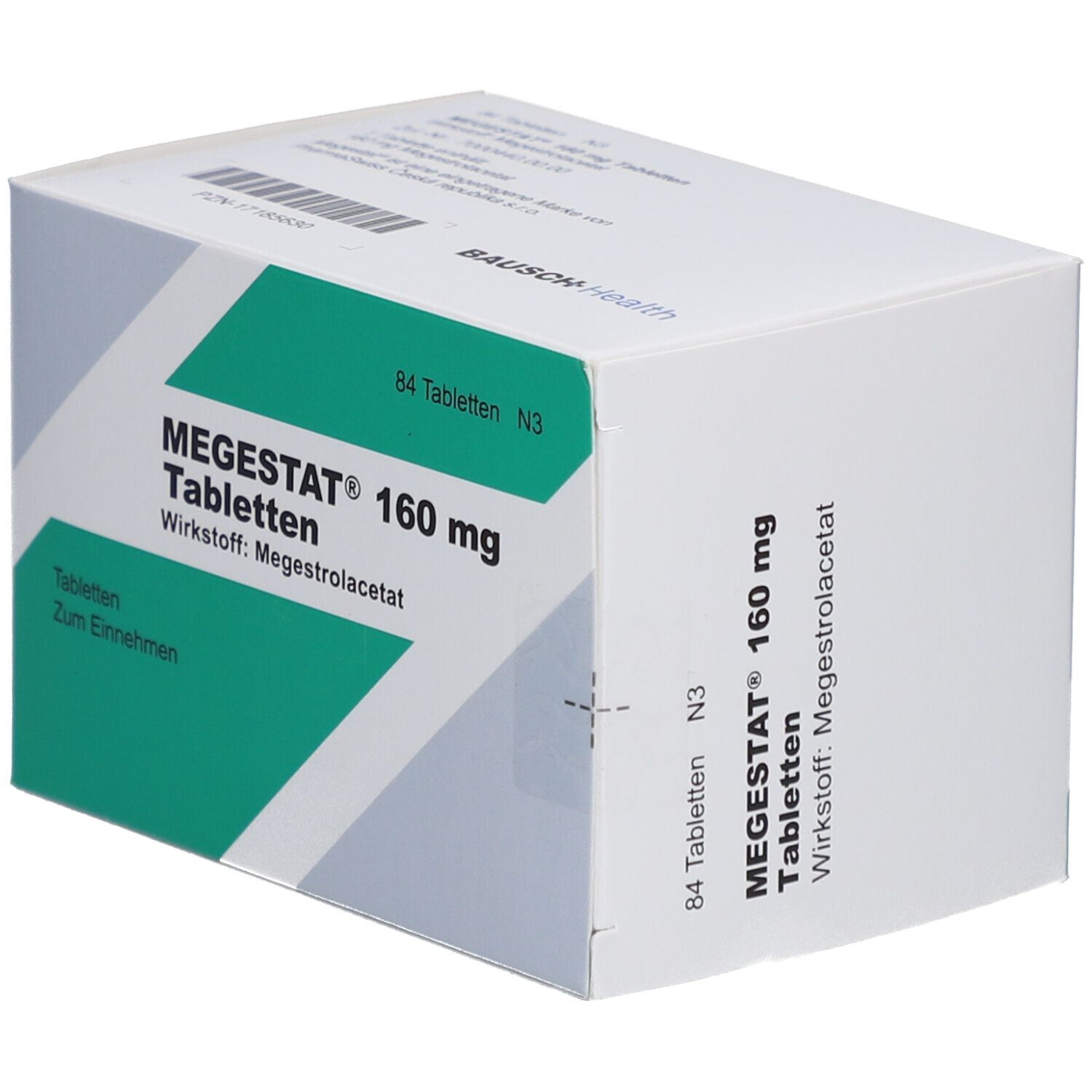 Schachtel MEGESTAT 160 mg Tabletten. 84 Tabletten. Wirkstoff: Megestrolacetat. Aufschrift: Zum Einnehmen. Weiß mit grünem Feld.