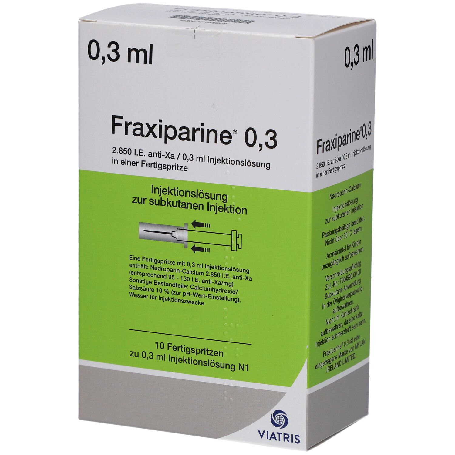 Schachtel mit Fraxiparine 0,3 ml Injektionslösung. Grüne und weiße Verpackung mit Produktinformationen und Logo.