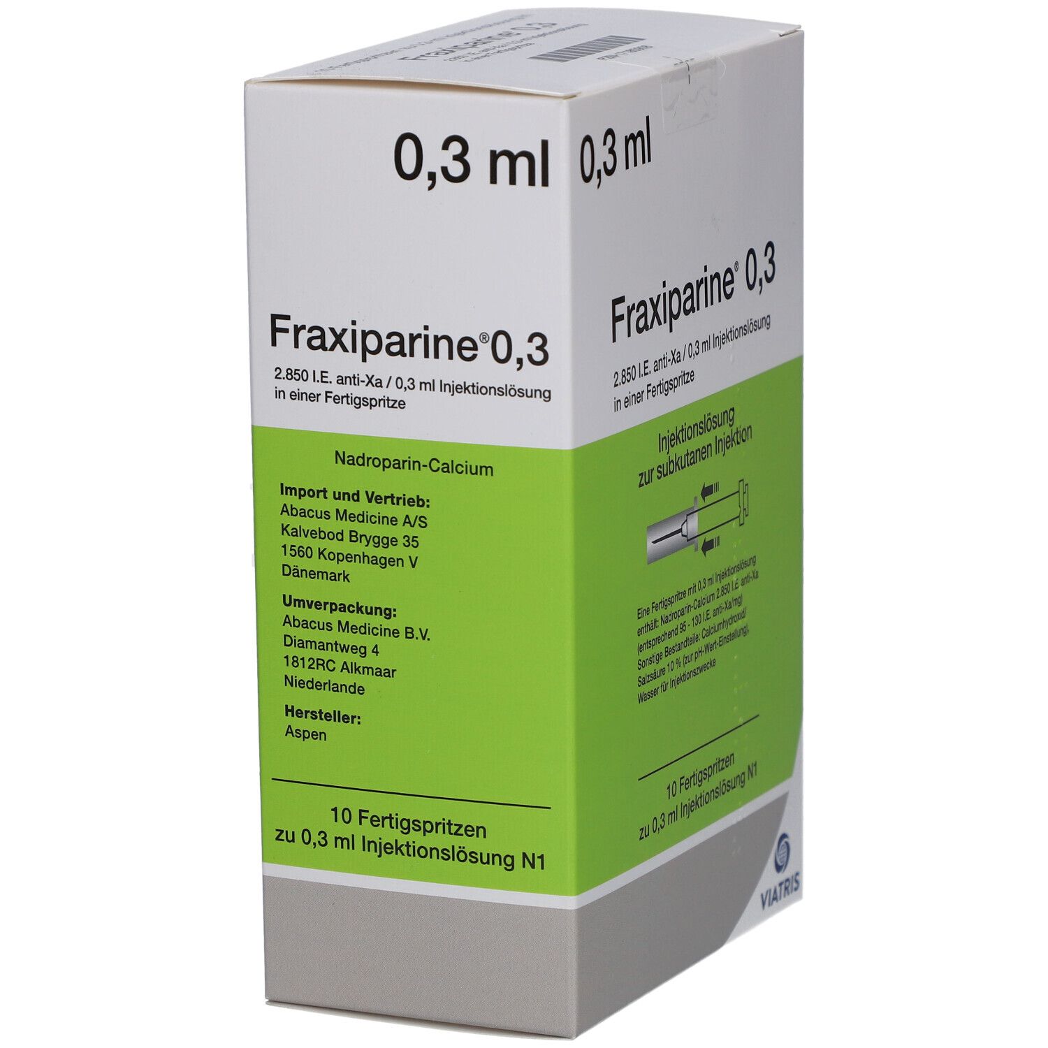 Verpackung von Fraxiparine 0,3 ml Injektionslösung. Box mit Produktnamen, Dosierung und Herstellerinformationen.