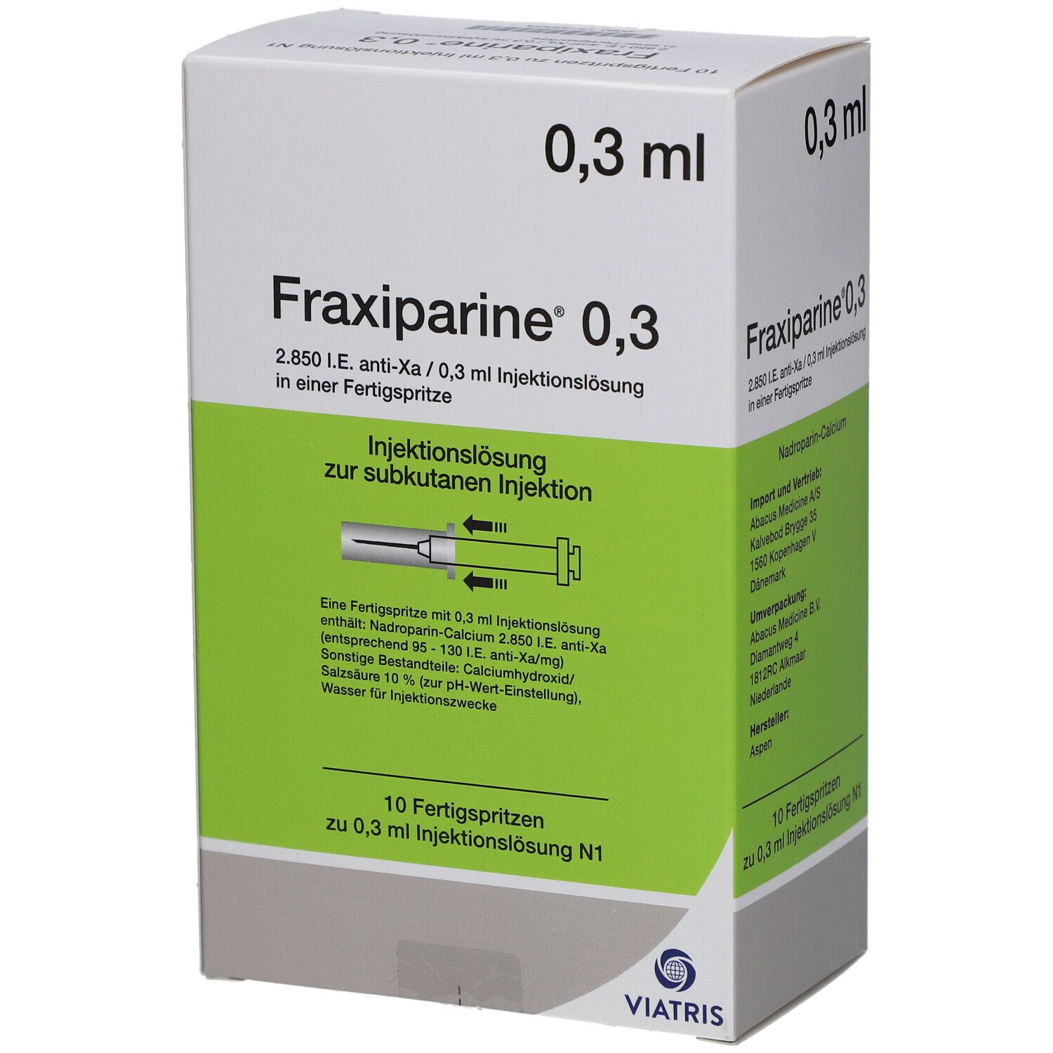 Fraxiparine 0,3 ml Injektionslösung Verpackung. Box mit Produktnamen, Dosierung und Anwendungsanleitung.