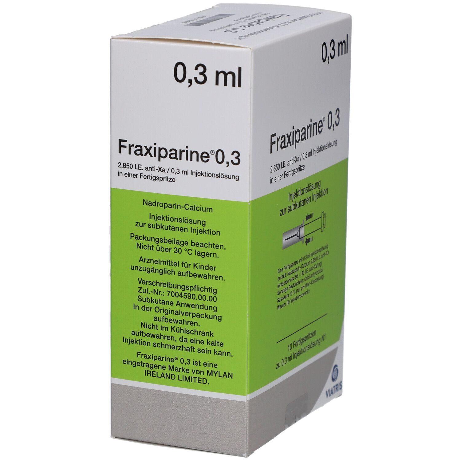 Fraxiparine 0,3 ml Injektionslösung Verpackung. Box mit Produktnamen, Dosierung und Warnhinweisen.