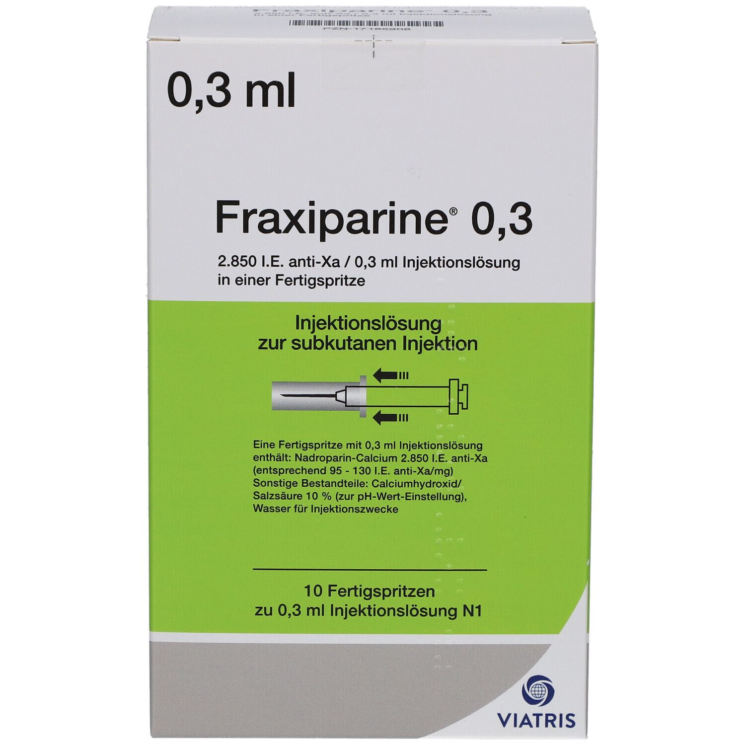 Fraxiparine 0,3 ml Injektionslösung Verpackung. Box mit Produktnamen, Dosierung und Inhaltsangaben.